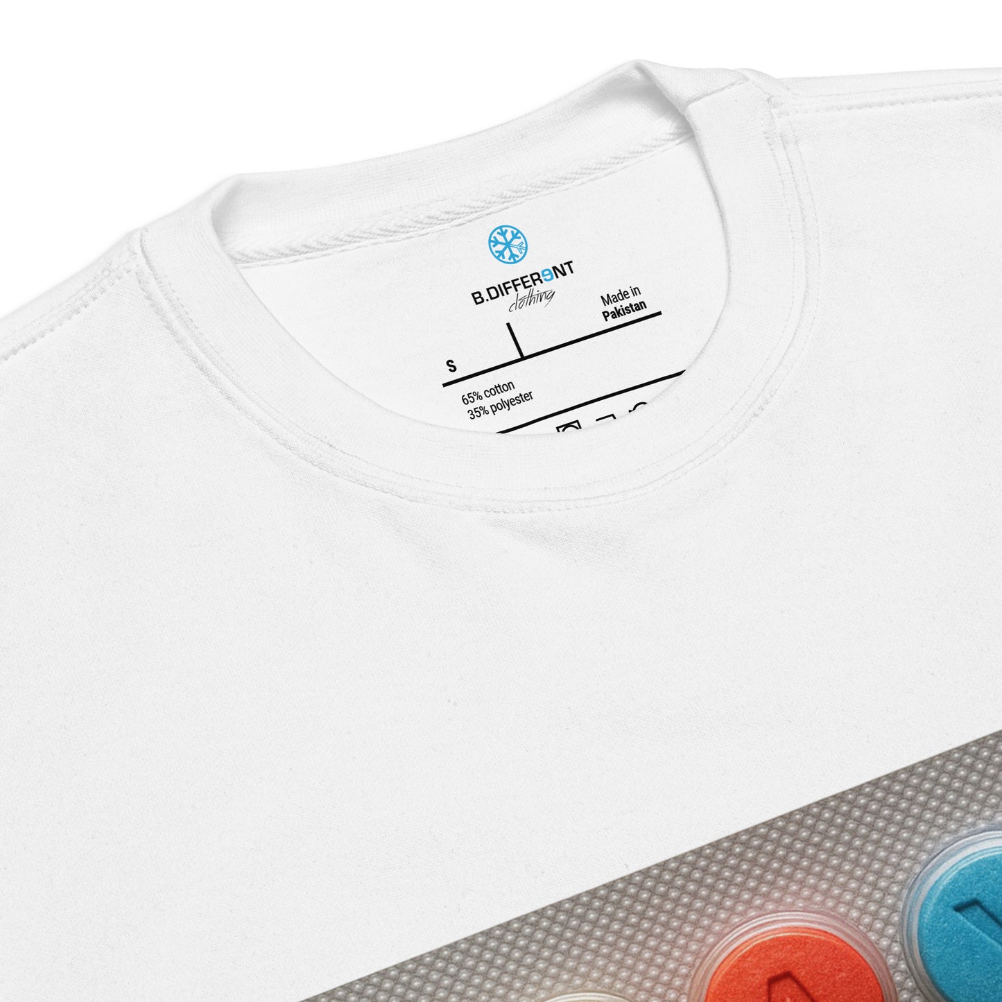 White-Stay Weird Pills Sweatshirt from B.Different Clothing, collar, graffiti-inspired streetwear