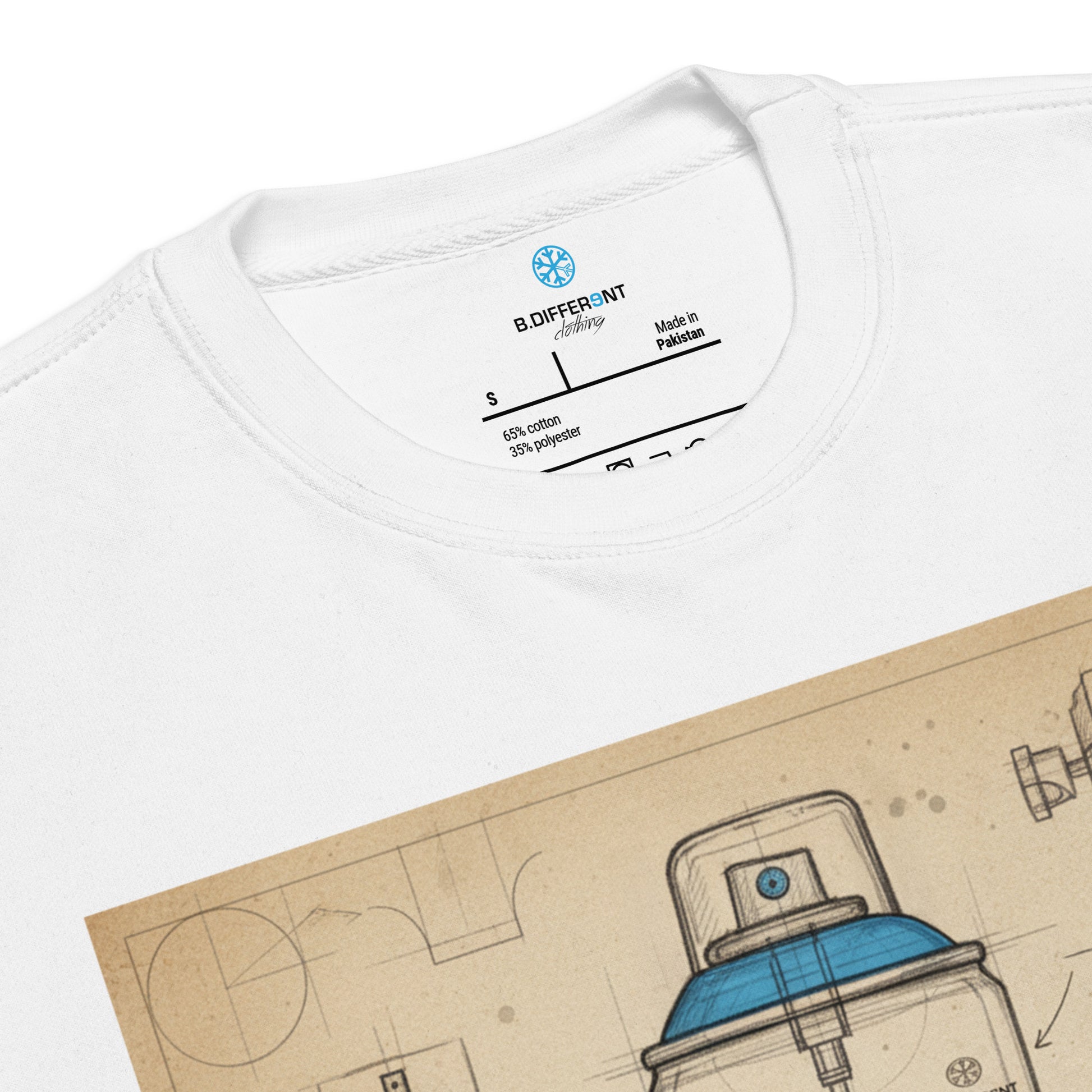 White-Spray Can Sketch Graffiti Sweatshirt from B.Different Clothing, collar, graffiti-inspired streetwear