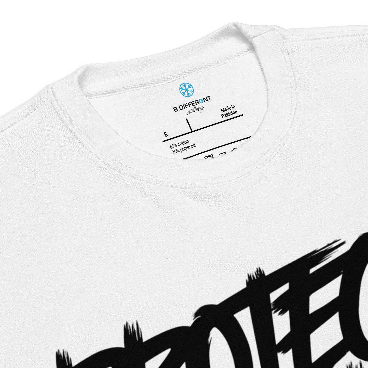 White-Protect Your Vibe Graffiti Tag Sweatshirt from B.Different Clothing, collar, graffiti-inspired streetwear
