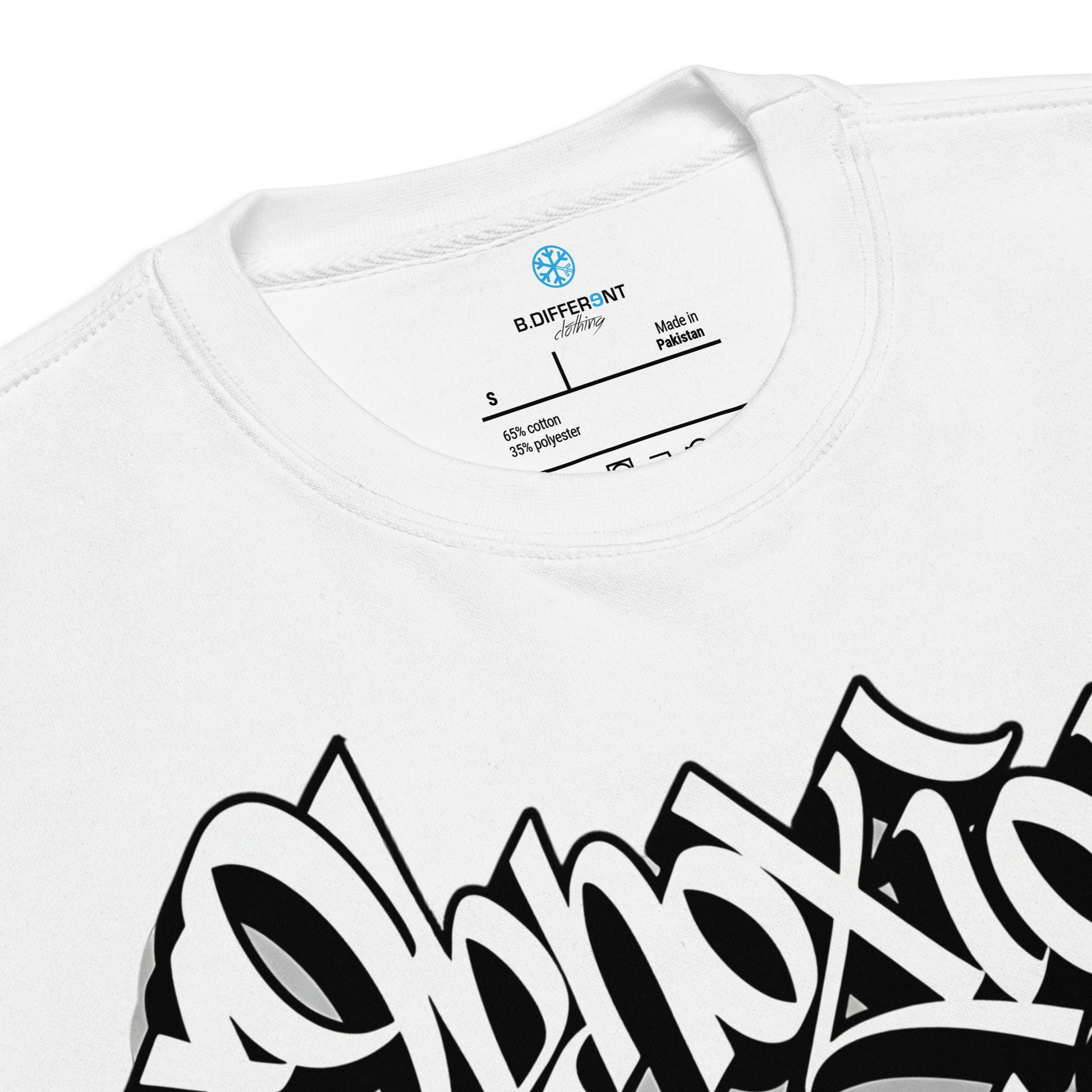 White-Obnoxious Freak Graffiti Sweatshirt from B.Different Clothing, collar, graffiti-inspired streetwear