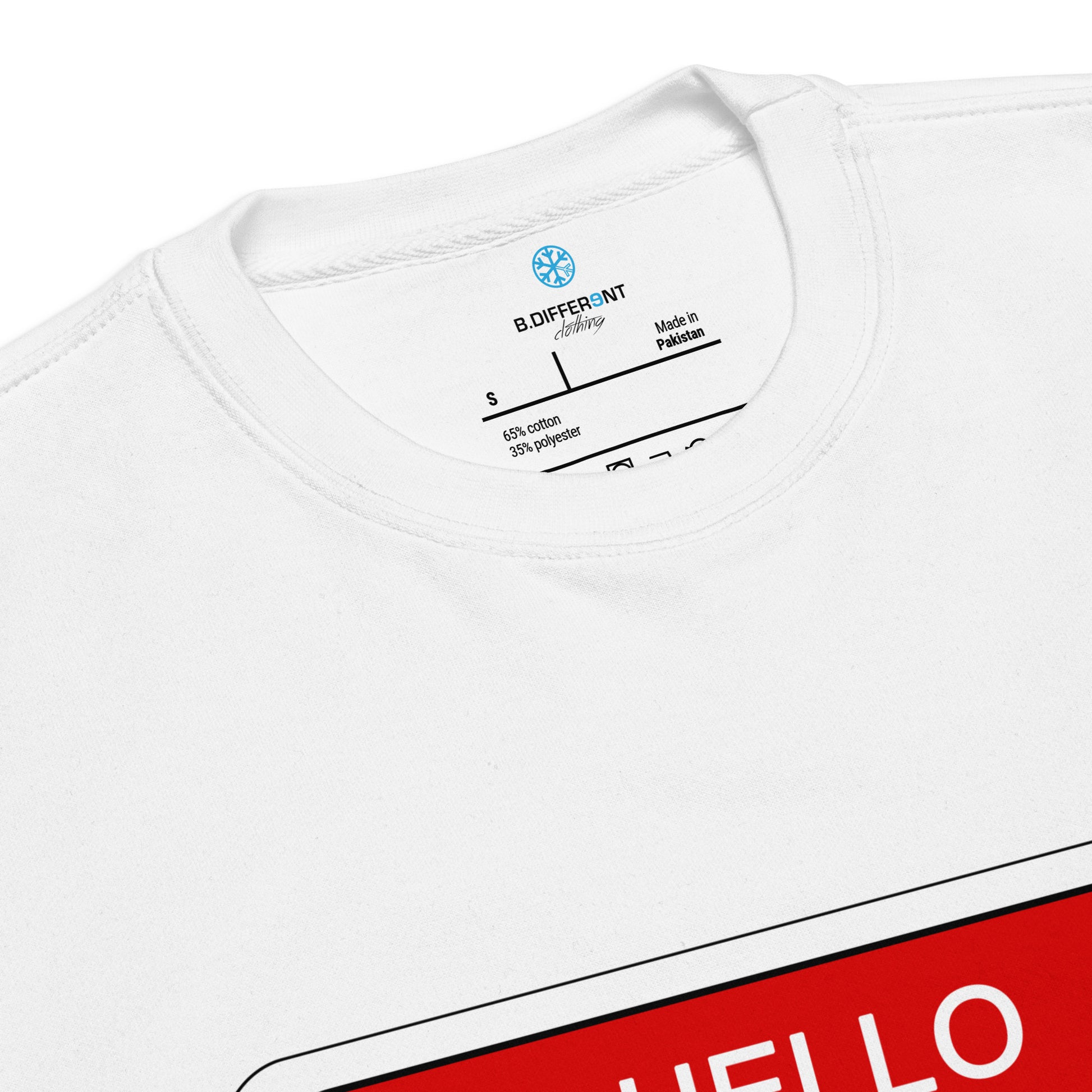 White-Hello My Name Is Sticker Graffiti Sweatshirt from B.Different Clothing, collar, graffiti-inspired streetwear