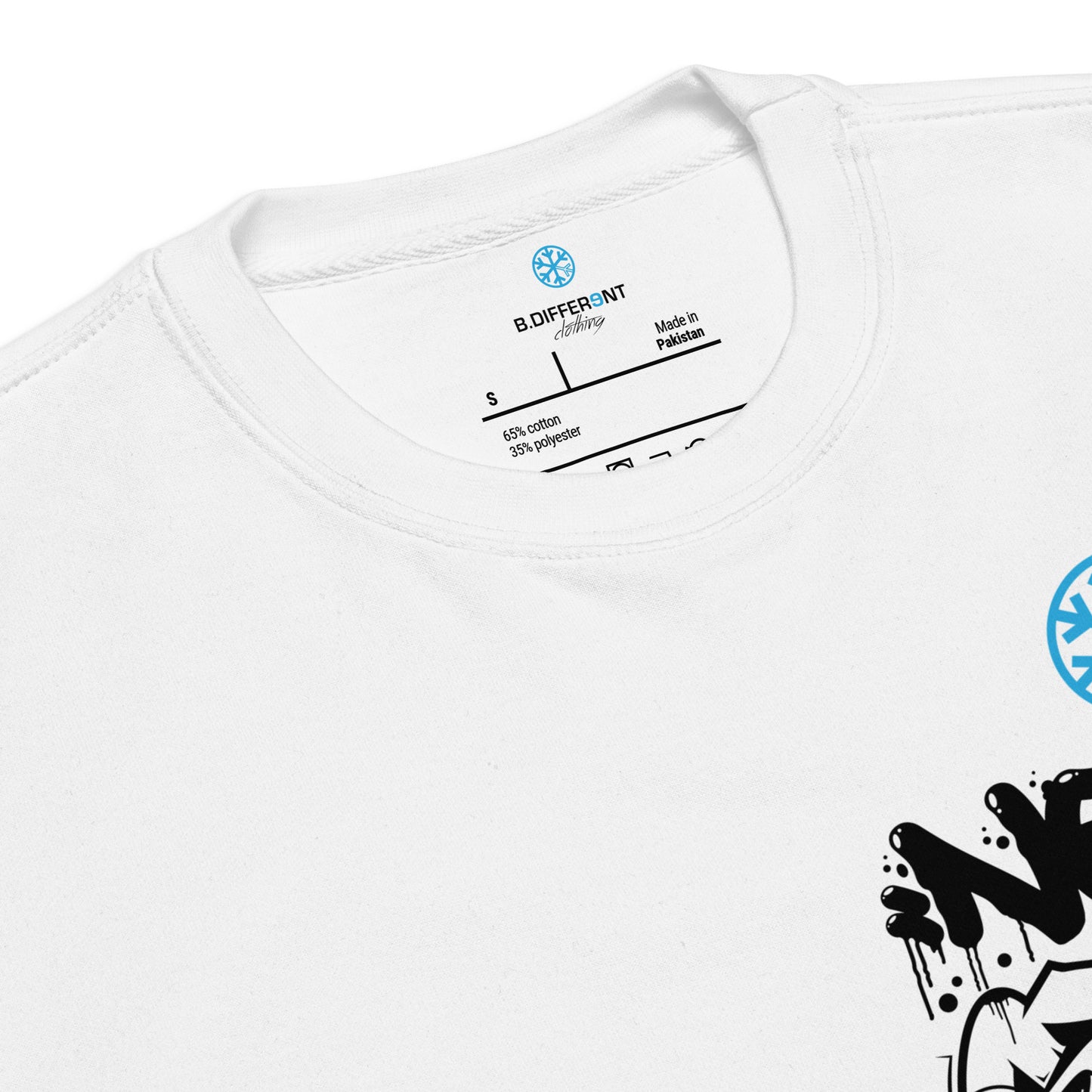 White-Never Stop Graffiti Character Sweatshirt from B.Different Clothing, collar, graffiti-inspired streetwear