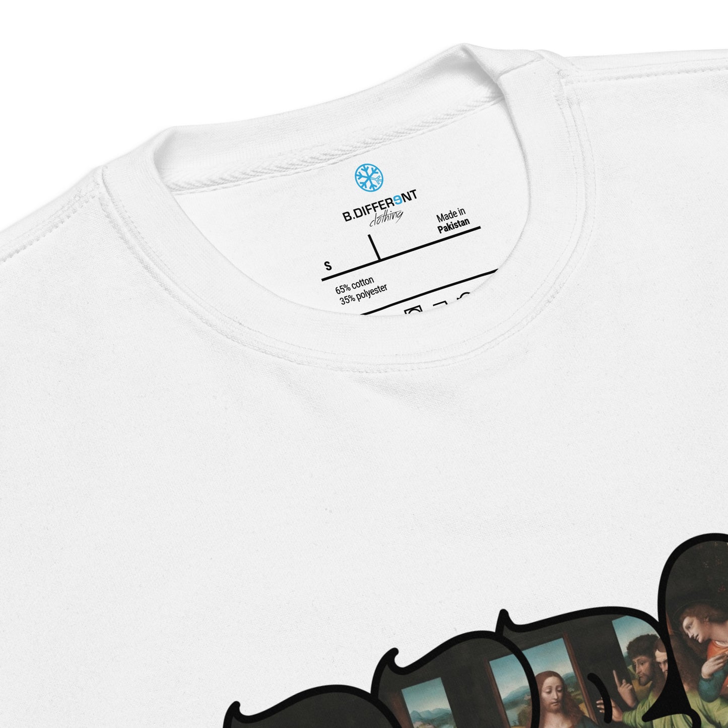 White-BDFRNT Throwie x Last Supper Graffiti Sweatshirt from B.Different Clothing, collar, graffiti-inspired streetwear