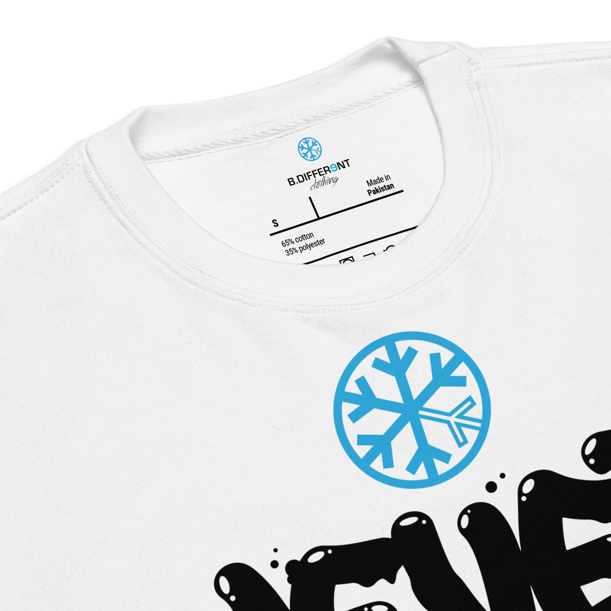 White-Never Stop Graffiti Piece Sweatshirt from B.Different Clothing, collar, graffiti-inspired streetwear