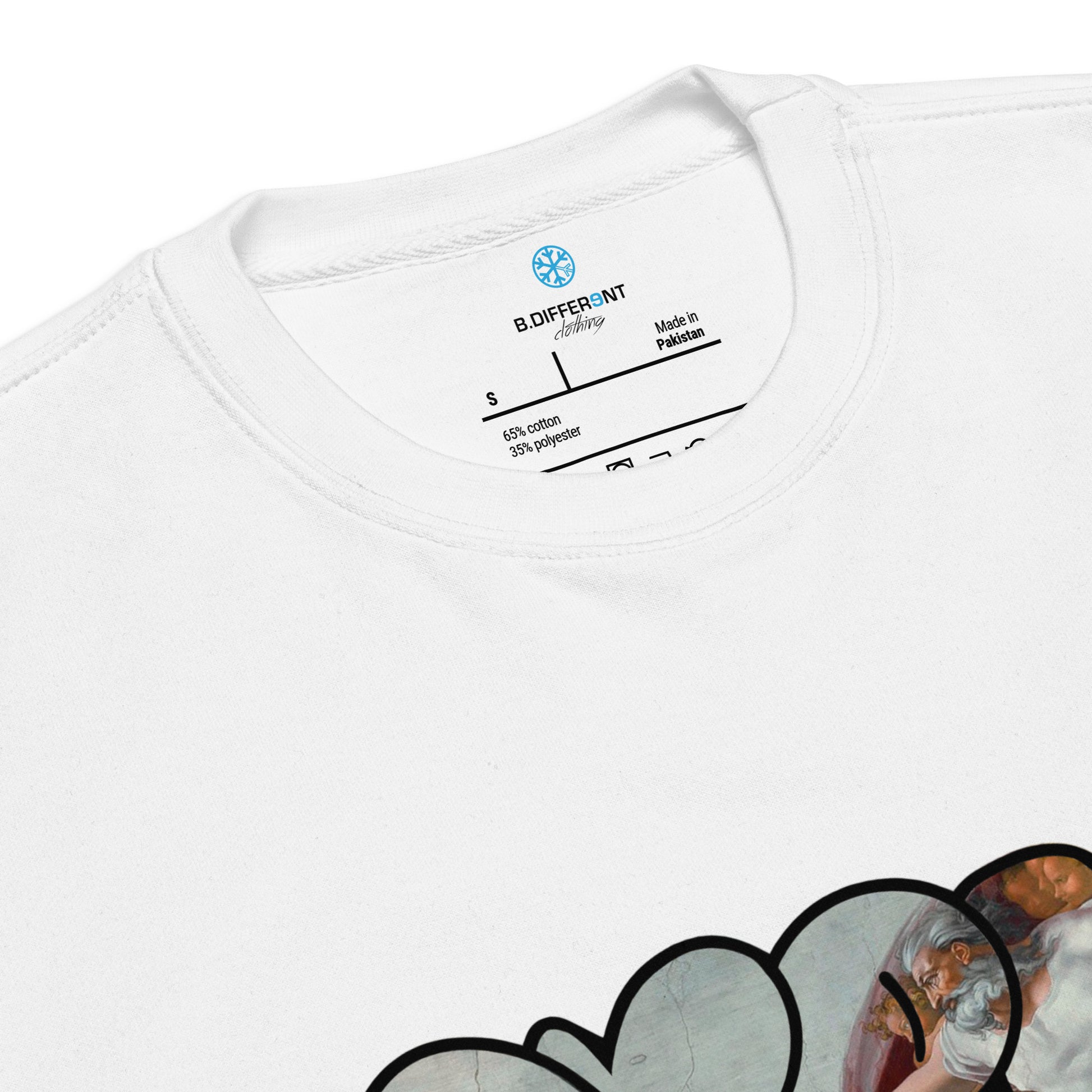 White-BDFRNT Throwie x Creation of Adam Graffiti Sweatshirt from B.Different Clothing, collar, graffiti-inspired streetwear