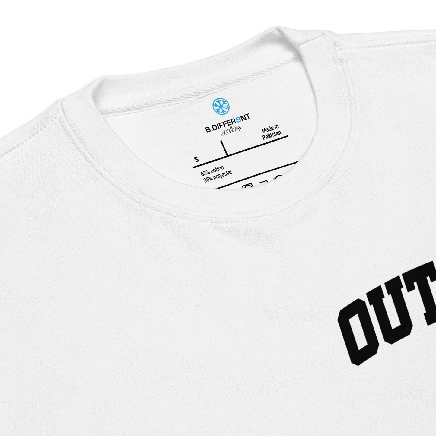 White-Outcast Graffiti Character Sweatshirt from B.Different Clothing, collar, graffiti-inspired streetwear