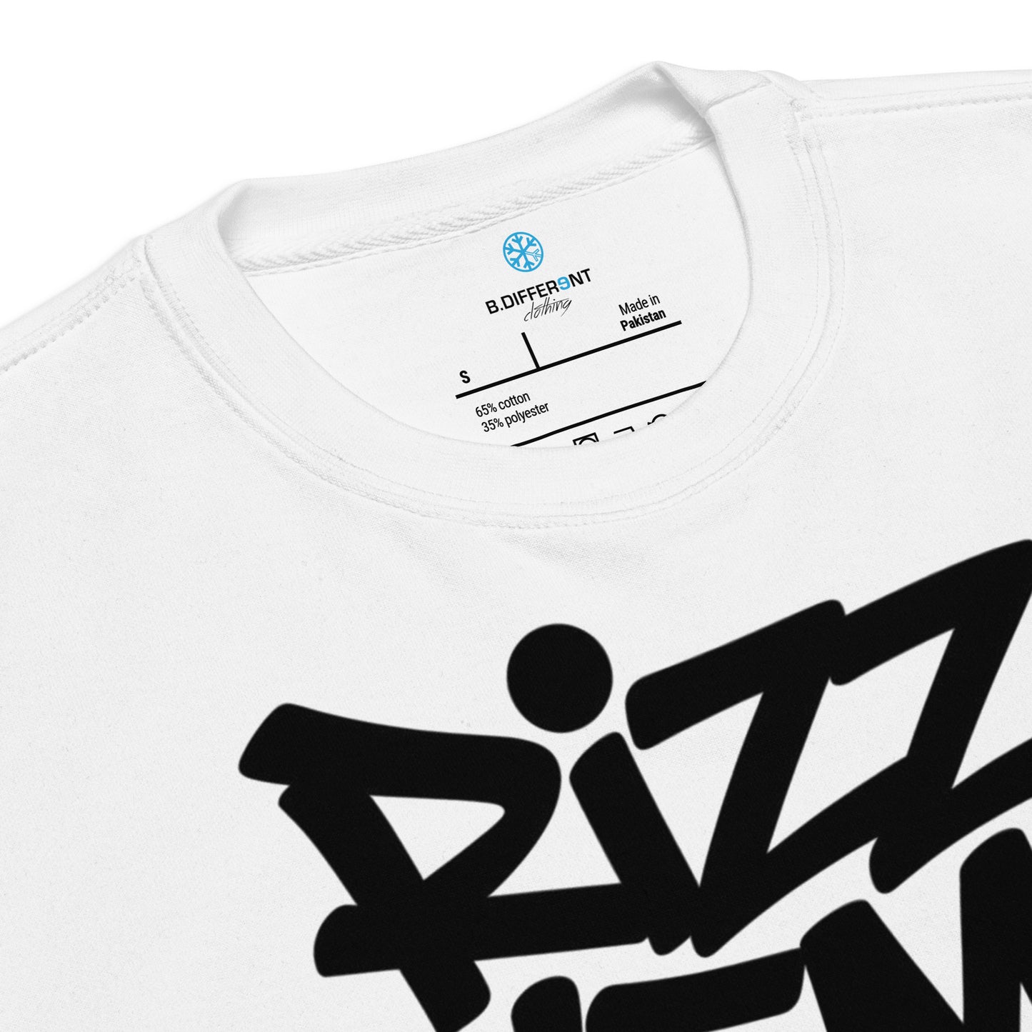 White-Rizz 'Em With The 'Tism Graffiti Sweatshirt from B.Different Clothing, collar, graffiti-inspired streetwear