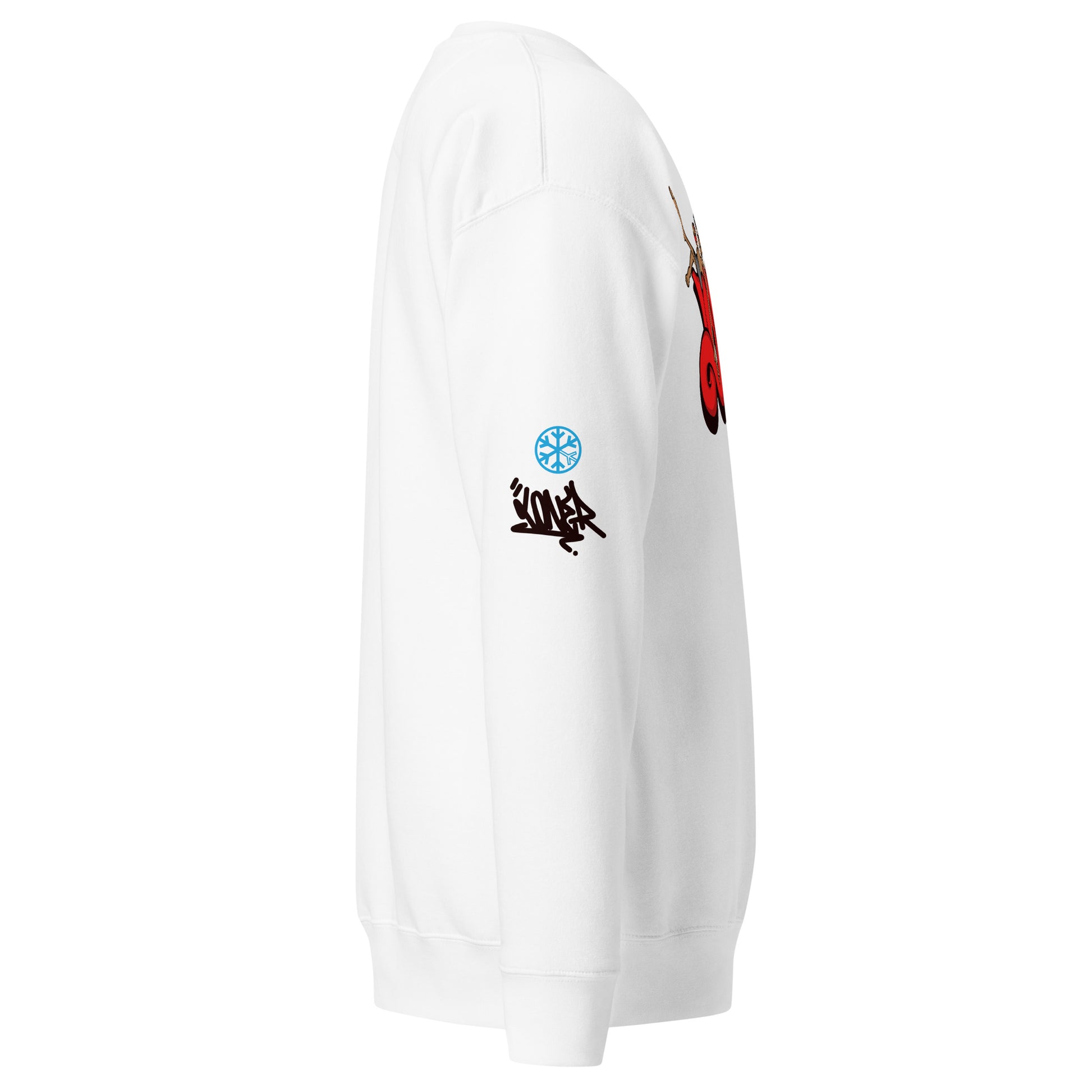 White-Loner Graffiti Piece Sweatshirt from B.Different Clothing, side view, graffiti-inspired streetwear