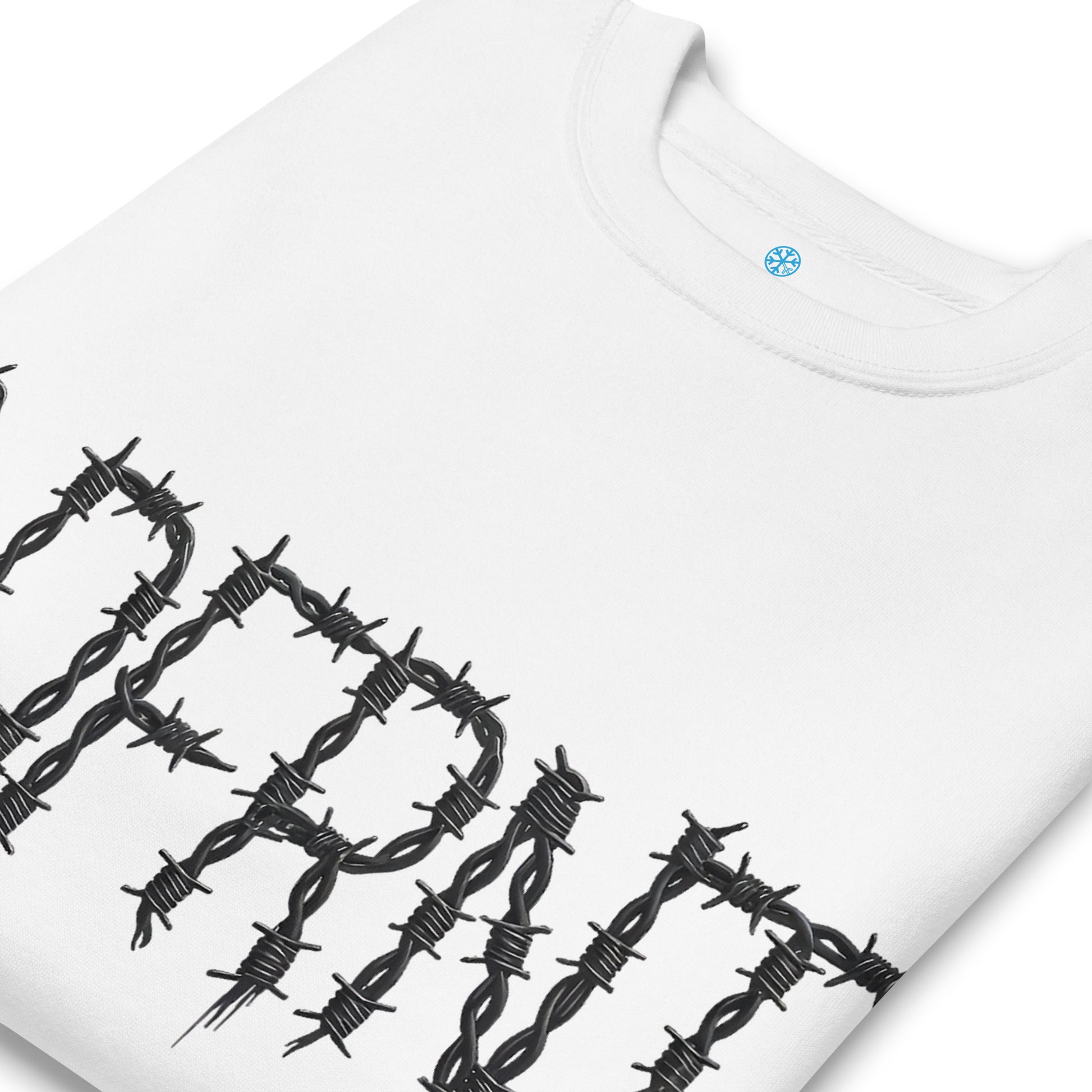 White-B.DFRNT Barbed Wire Sweatshirt from B.Different Clothing, detail, graffiti-inspired streetwear