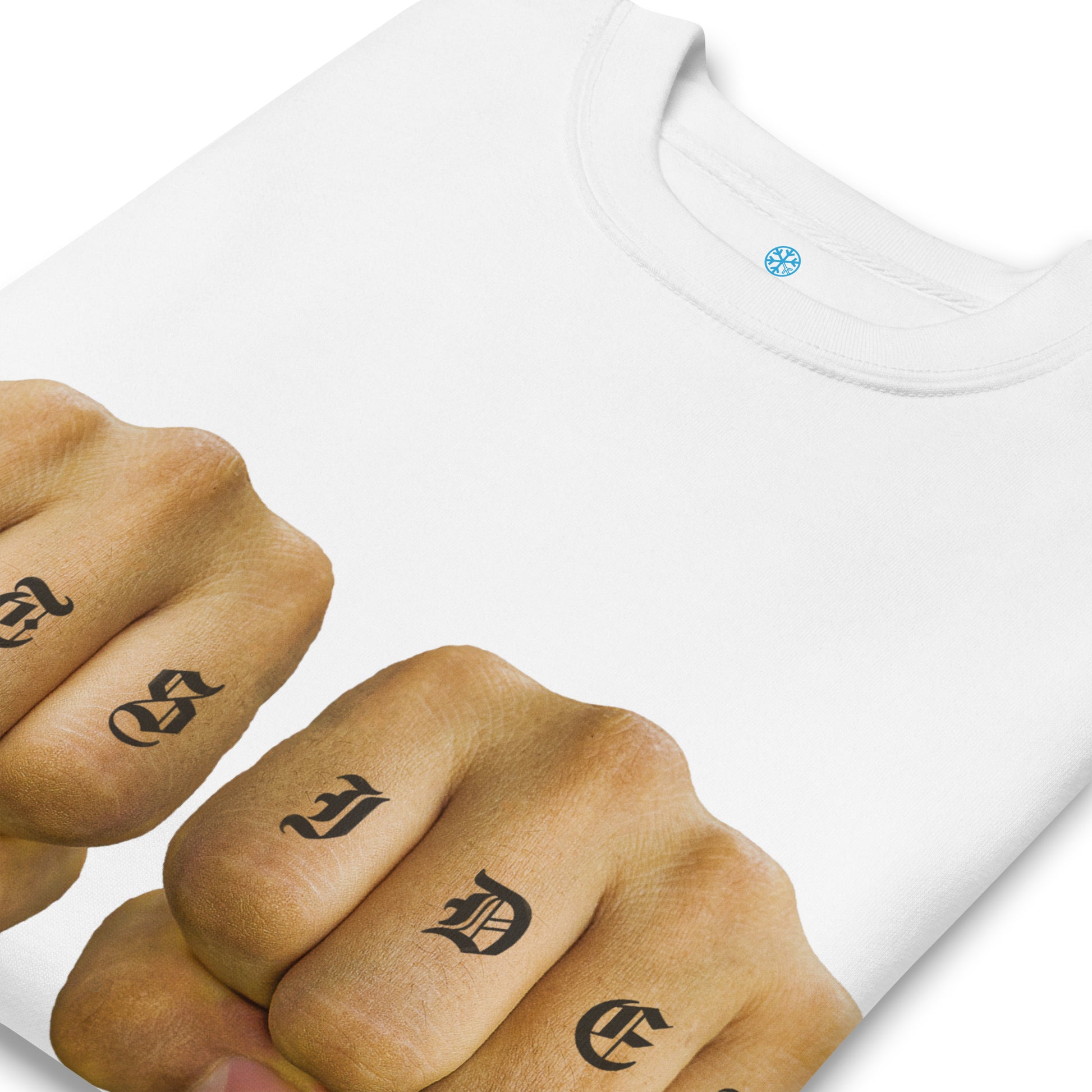 White-Outsider Tattoo Sweatshirt from B.Different Clothing, detail, graffiti-inspired streetwear