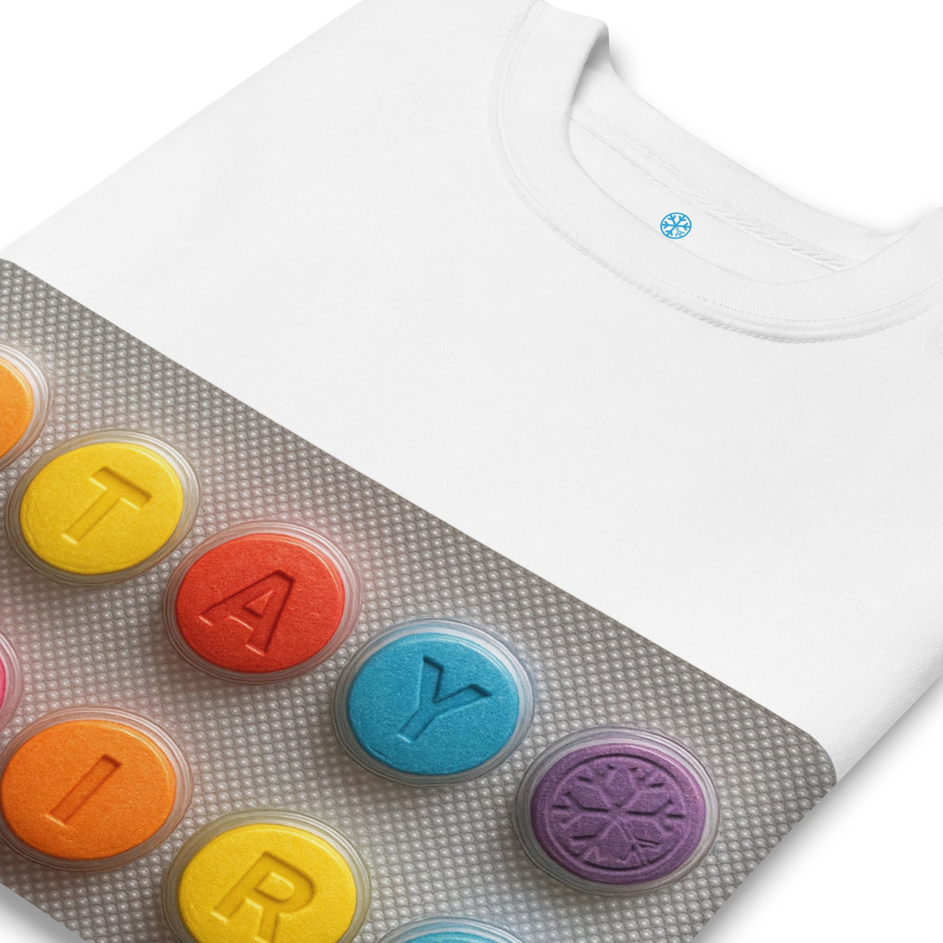 White-Stay Weird Pills Sweatshirt from B.Different Clothing, detail, graffiti-inspired streetwear