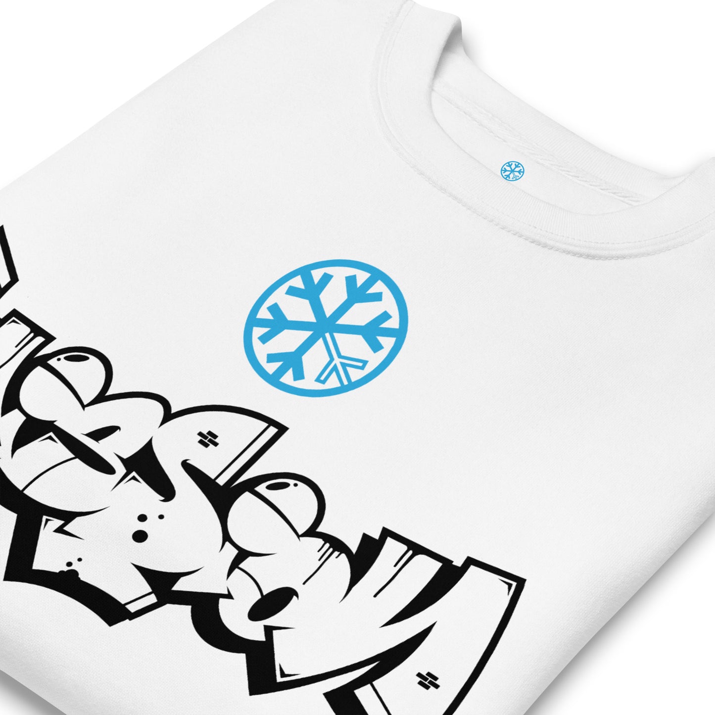 White-Mission Graffiti Piece Sweatshirt from B.Different Clothing, detail, graffiti-inspired streetwear