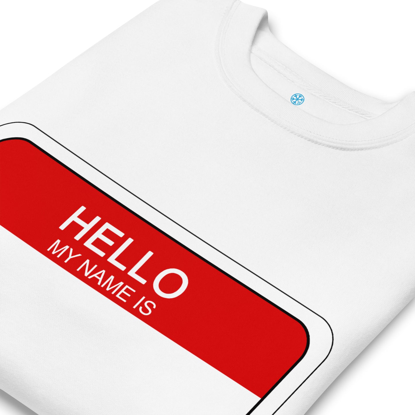 White-Hello My Name Is Sticker Graffiti Sweatshirt from B.Different Clothing, detail, graffiti-inspired streetwear