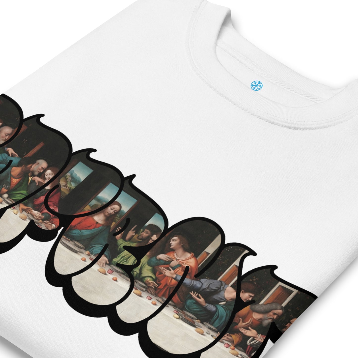 White-BDFRNT Throwie x Last Supper Graffiti Sweatshirt from B.Different Clothing, detail, graffiti-inspired streetwear