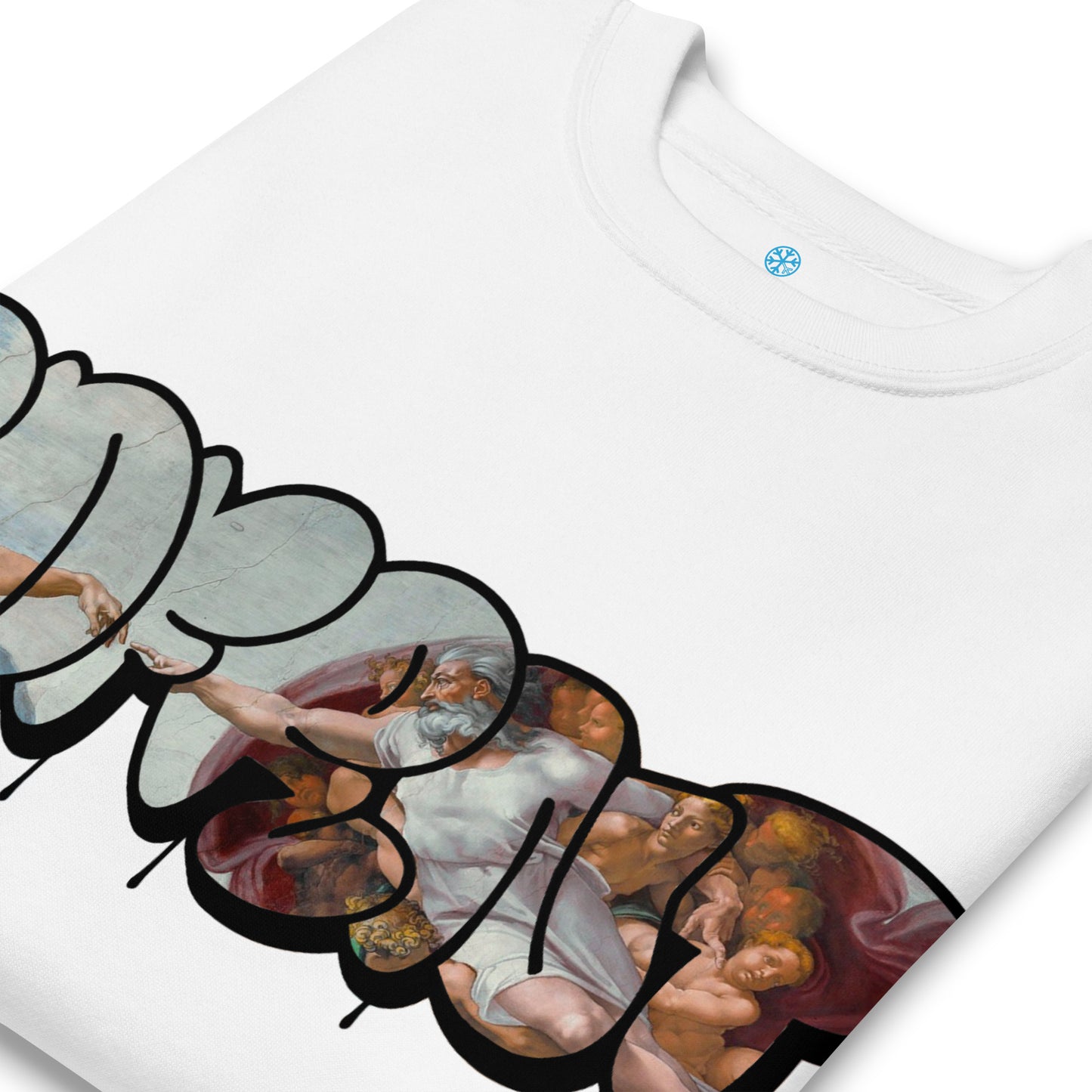 White-BDFRNT Throwie x Creation of Adam Graffiti Sweatshirt from B.Different Clothing, detail, graffiti-inspired streetwear