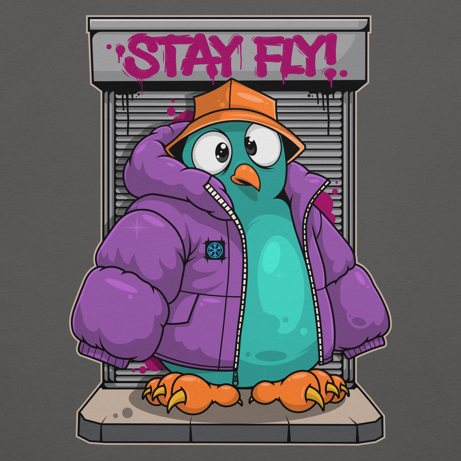 Gray-Stay Fly Graffiti Character Tee from B.Different Clothing, graphic, graffiti-inspired streetwear t-shirt