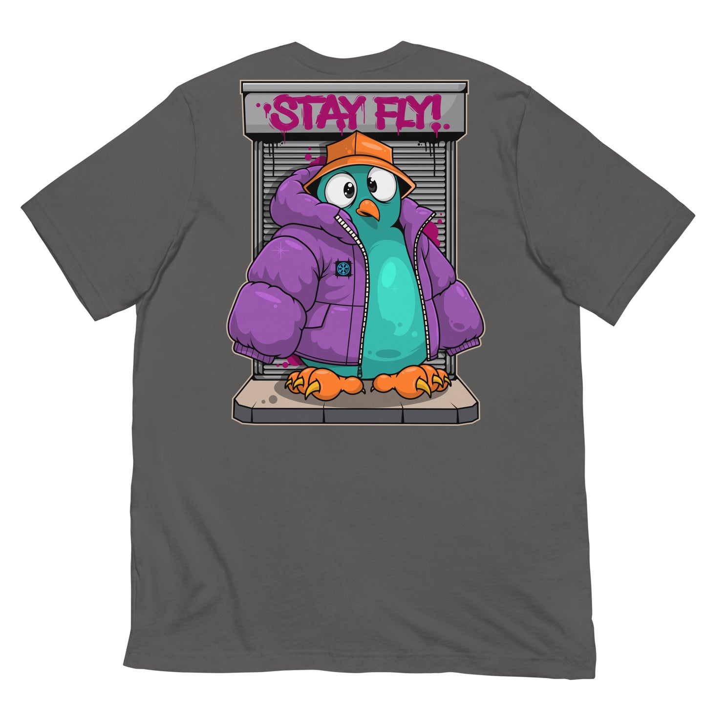 Gray-Stay Fly Graffiti Character Tee from B.Different Clothing, back view, graffiti-inspired streetwear t-shirt