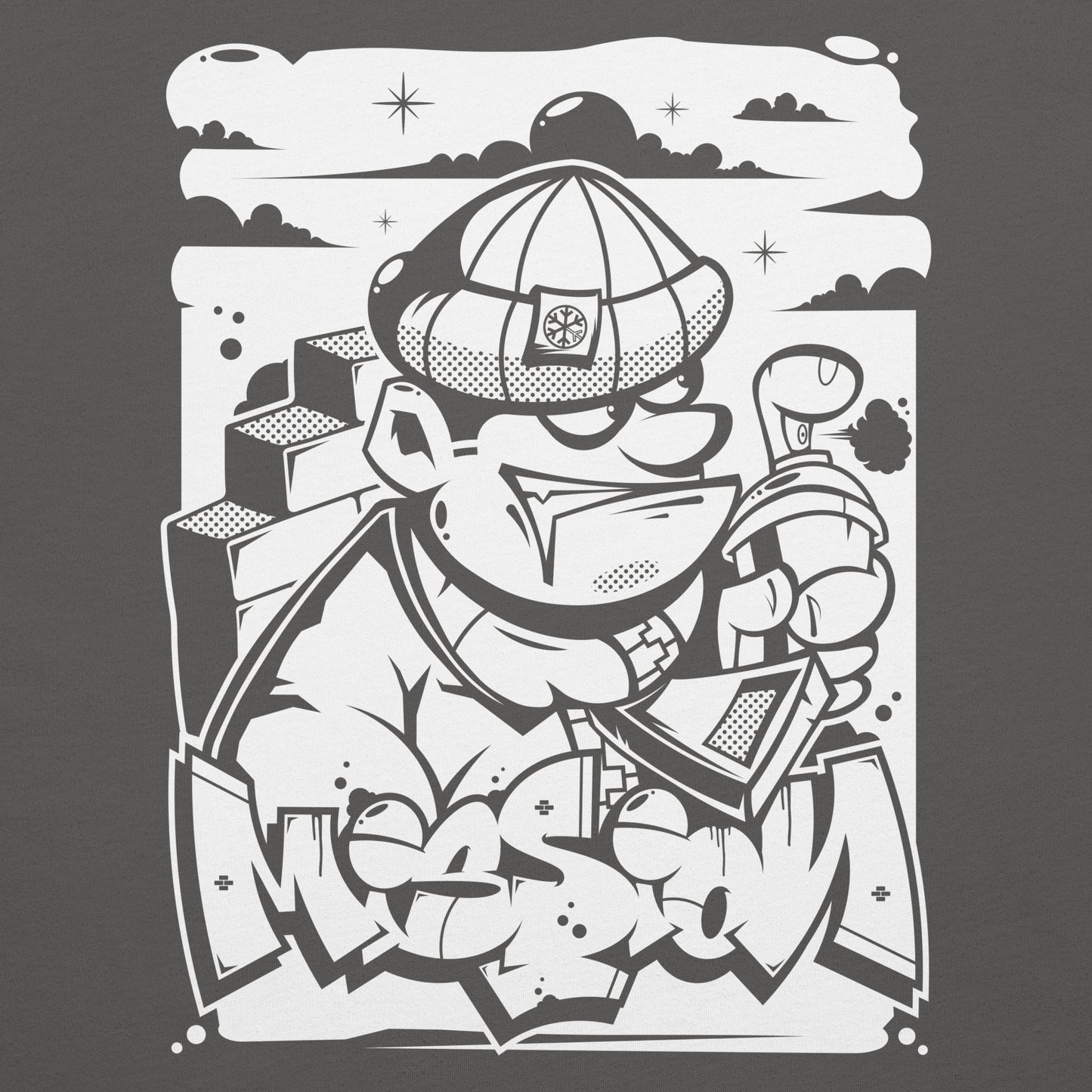 Gray-Mission Graffiti Character Tee from B.Different Clothing, graphic, graffiti-inspired streetwear t-shirt