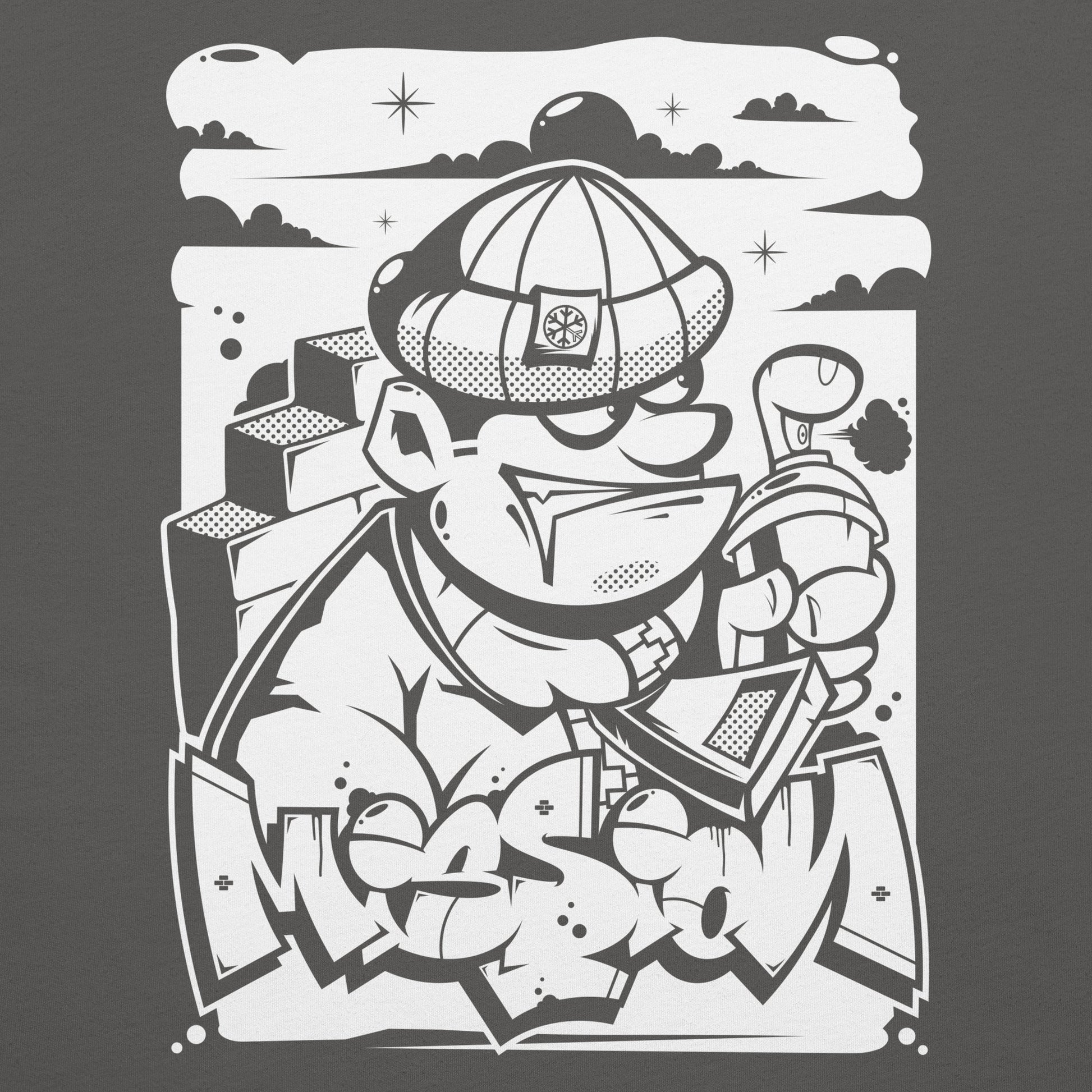 Gray-Mission Graffiti Character Tee from B.Different Clothing, graphic, graffiti-inspired streetwear t-shirt