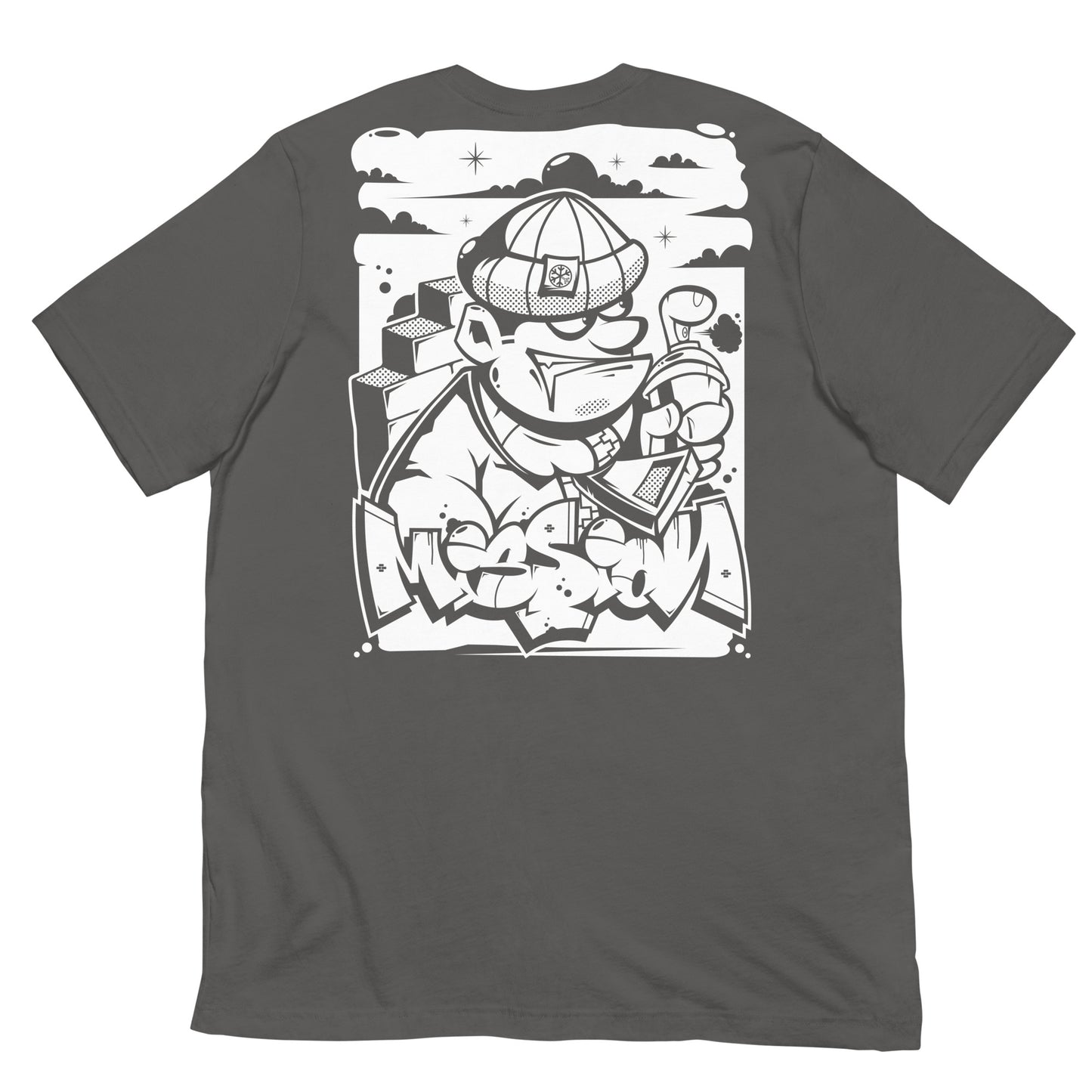 Gray-Mission Graffiti Character Tee from B.Different Clothing, back view, graffiti-inspired streetwear t-shirt