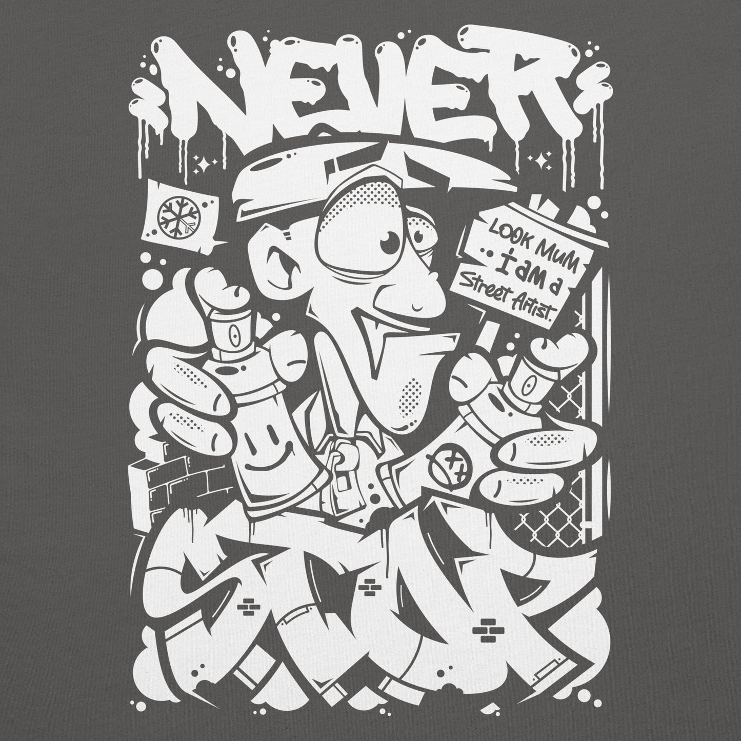 Gray-Never Stop Graffiti Character Tee from B.Different Clothing, graphic, graffiti-inspired streetwear t-shirt