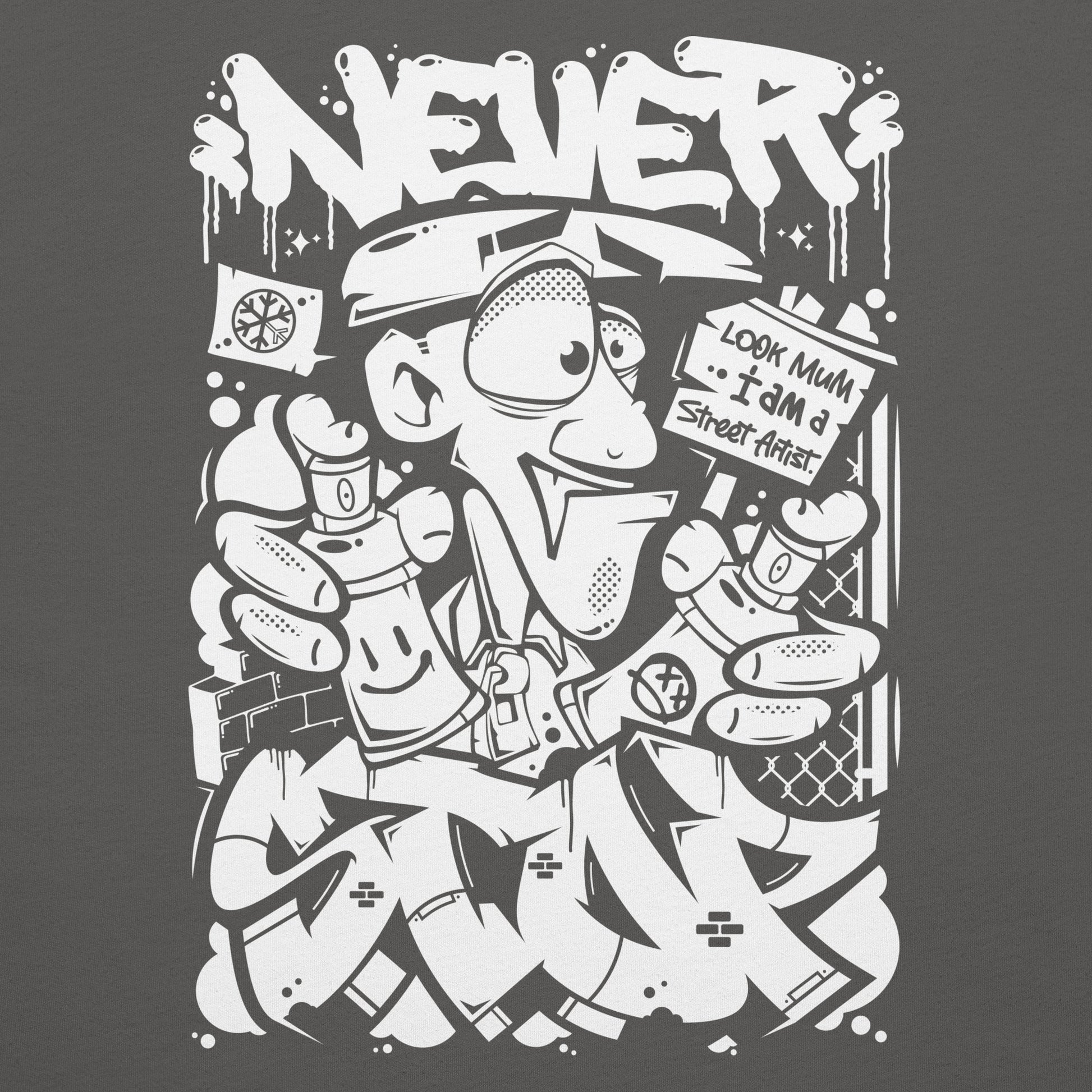 Gray-Never Stop Graffiti Character Tee from B.Different Clothing, graphic, graffiti-inspired streetwear t-shirt