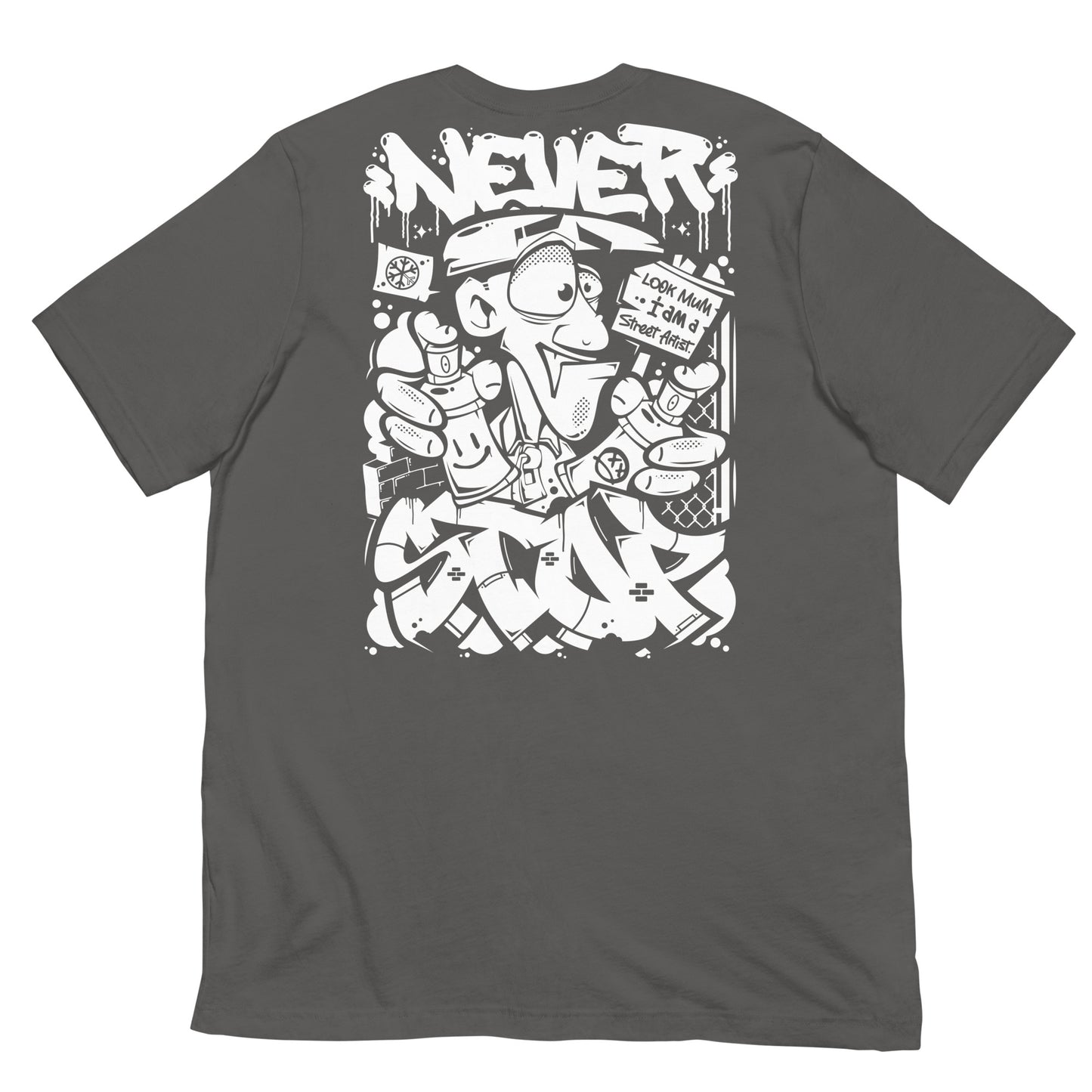Gray-Never Stop Graffiti Character Tee from B.Different Clothing, back view, graffiti-inspired streetwear t-shirt