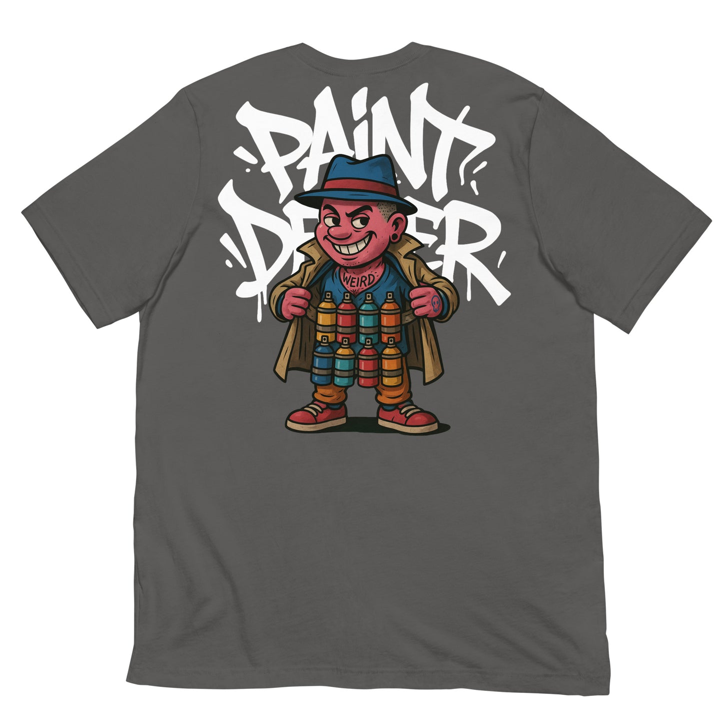 Gray-Paint Dealer Graffiti Character Tee from B.Different Clothing, back view, graffiti-inspired streetwear t-shirt
