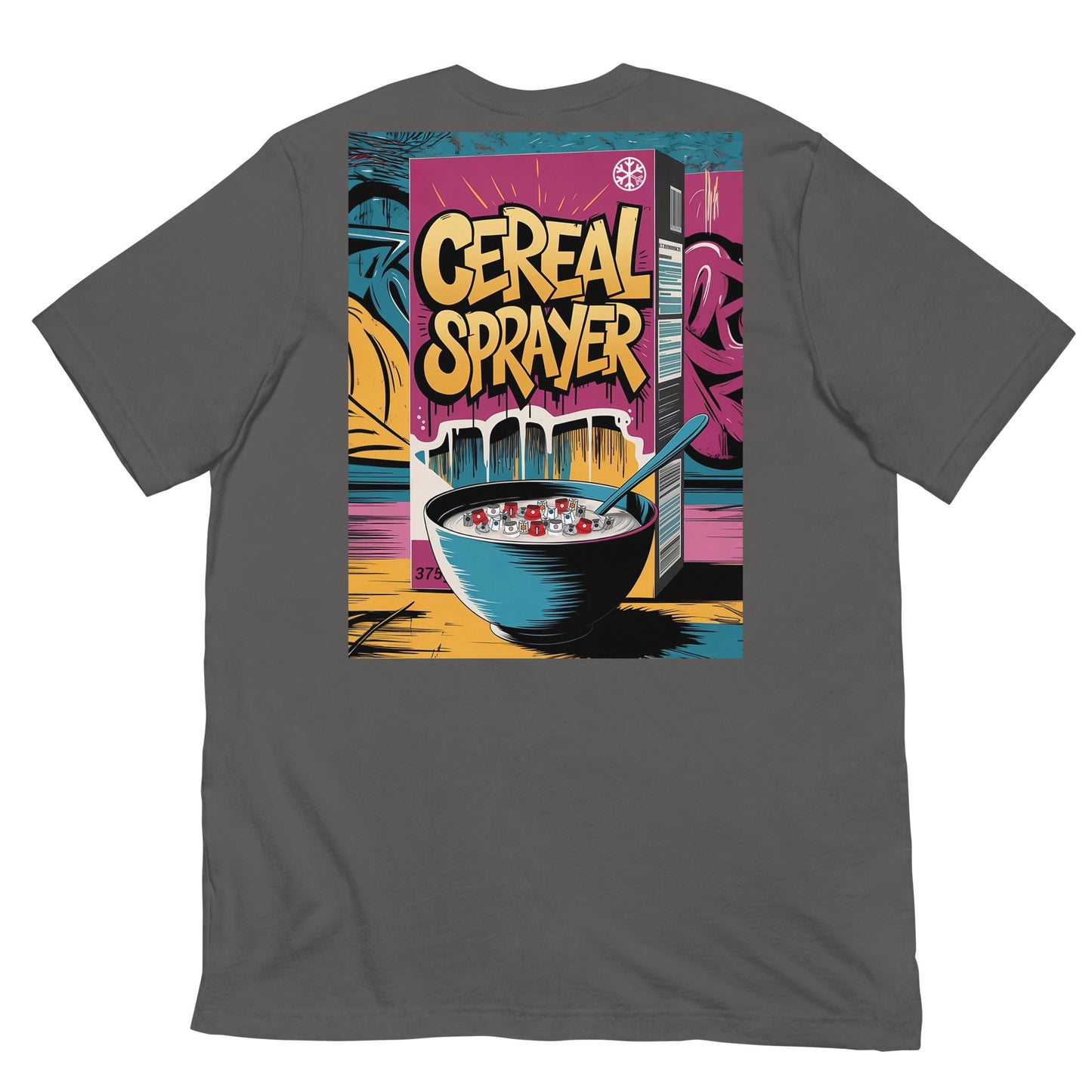 Gray-Cereal Sprayer Graffiti Tee from B.Different Clothing, back view, graffiti-inspired streetwear t-shirt