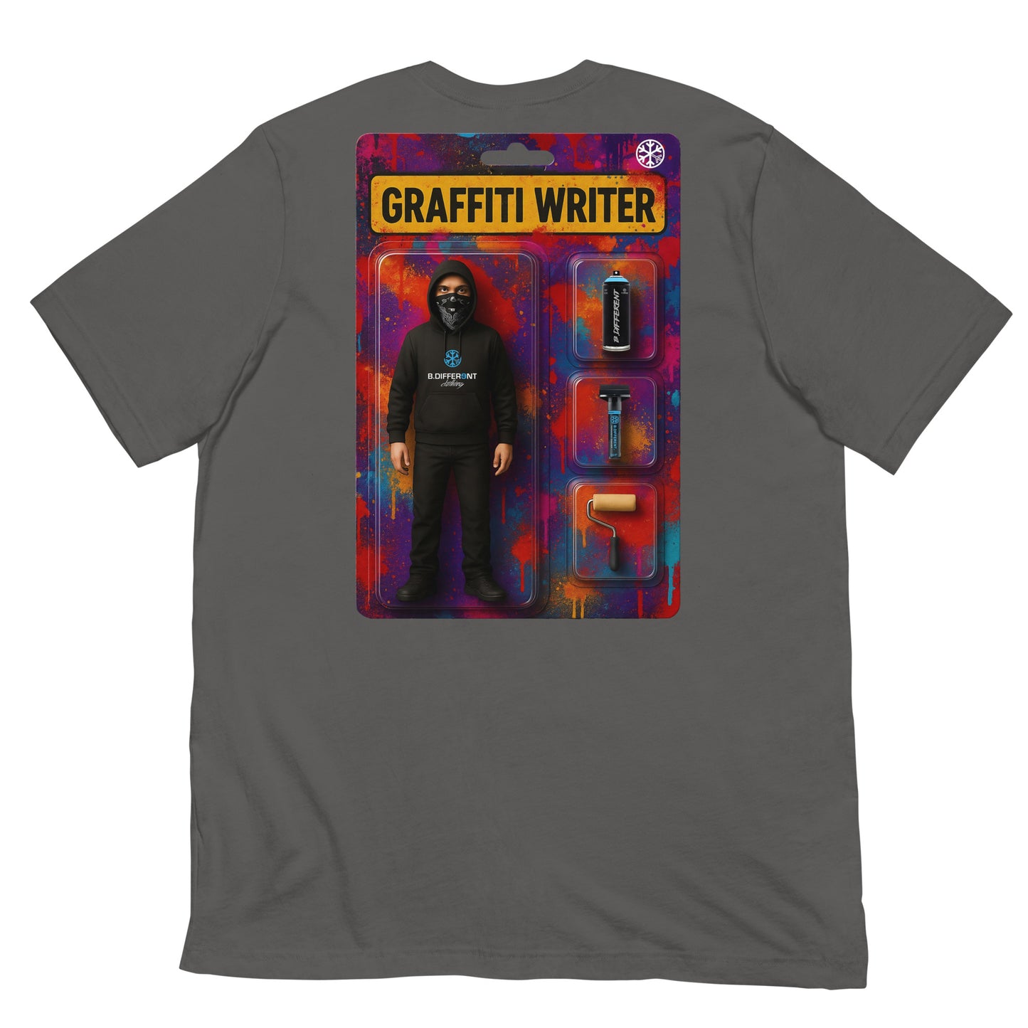 Gray-Graffiti Artist Action Figure Tee from B.Different Clothing, back view, graffiti-inspired streetwear t-shirt