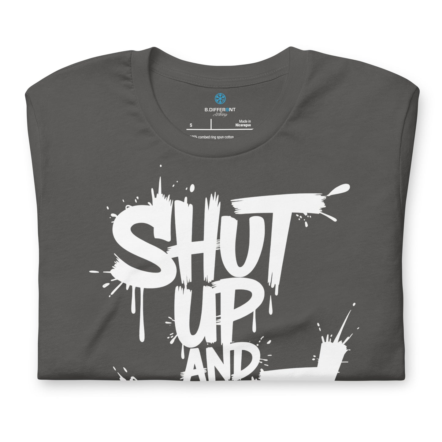 Gray-Shut Up and Paint Graffiti Tee from B.Different Clothing, folded, graffiti-inspired streetwear t-shirt