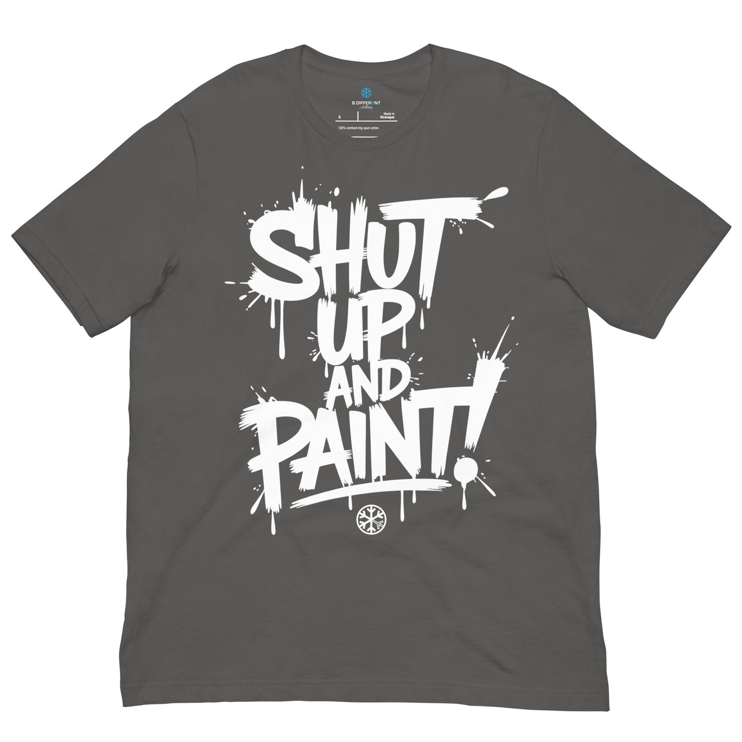 Gray-Shut Up and Paint Graffiti Tee from B.Different Clothing, front view, graffiti-inspired streetwear t-shirt