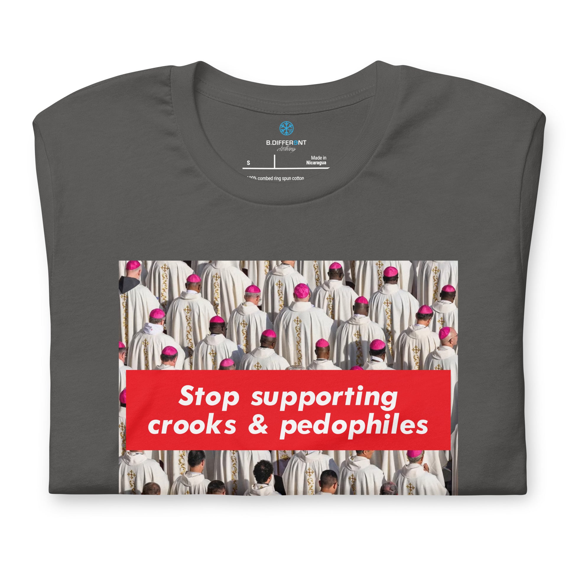 Gray-Vatican Crooks Tee from B.Different Clothing, folded, graffiti-inspired streetwear t-shirt