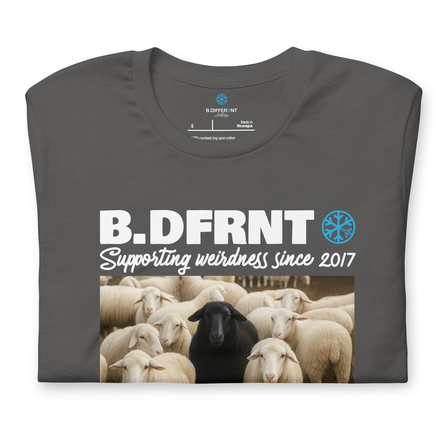 Gray-Black Sheep Tee from B.Different Clothing, folded, graffiti-inspired streetwear t-shirt