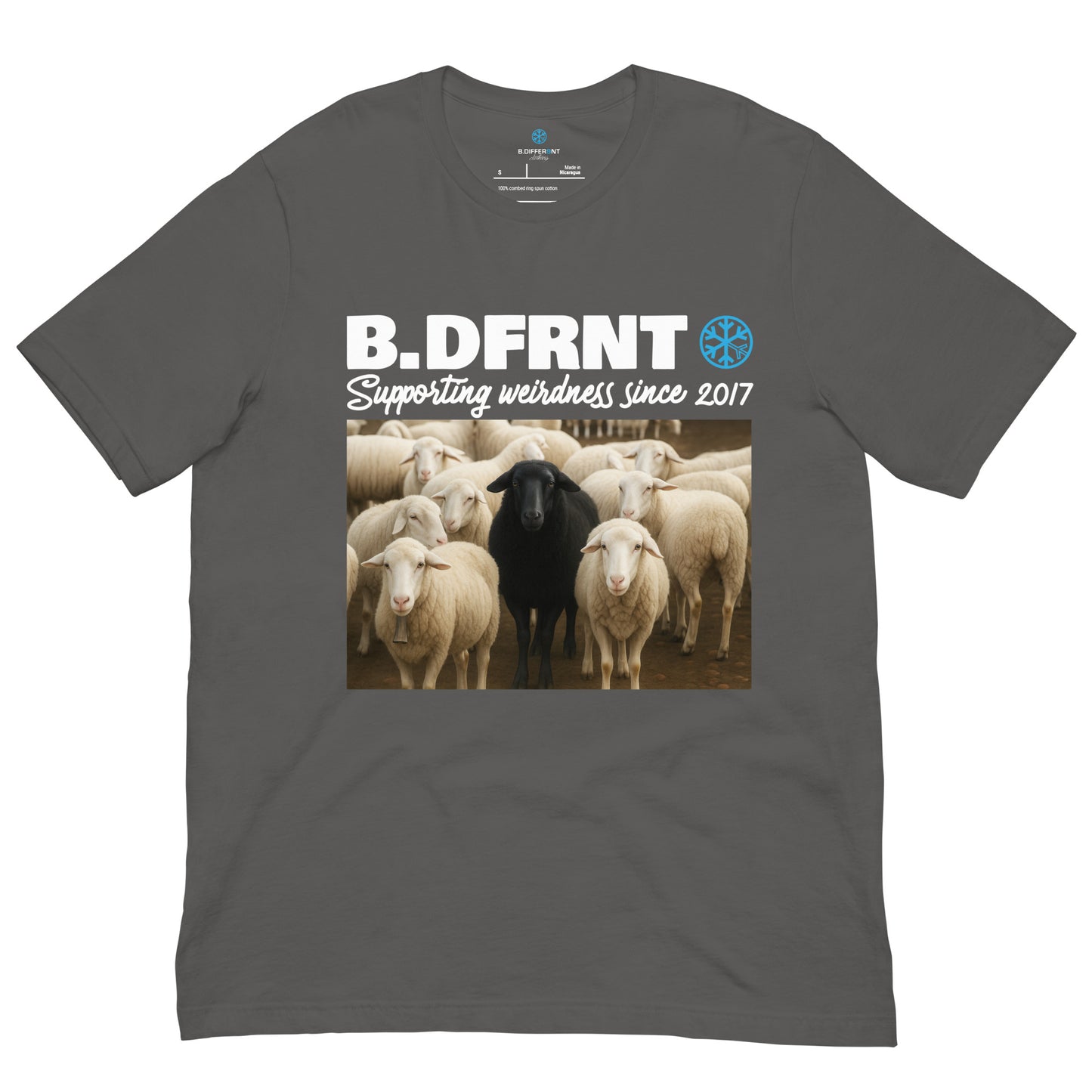 Gray-Black Sheep Tee from B.Different Clothing, front view, graffiti-inspired streetwear t-shirt