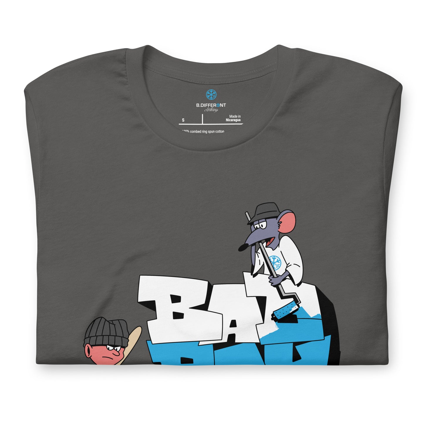 Gray-Bad Boy Graffiti Tee from B.Different Clothing, folded, graffiti-inspired streetwear t-shirt