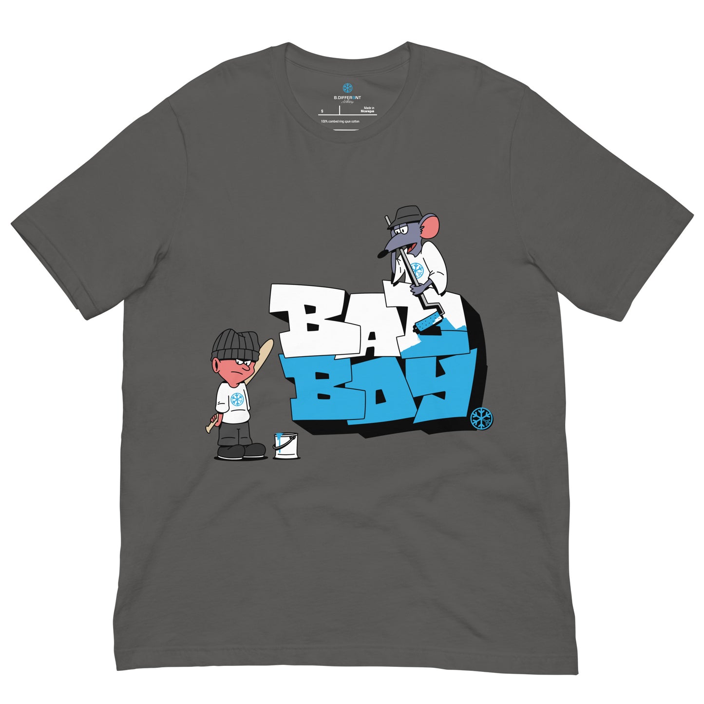 Gray-Bad Boy Graffiti Tee from B.Different Clothing, front view, graffiti-inspired streetwear t-shirt