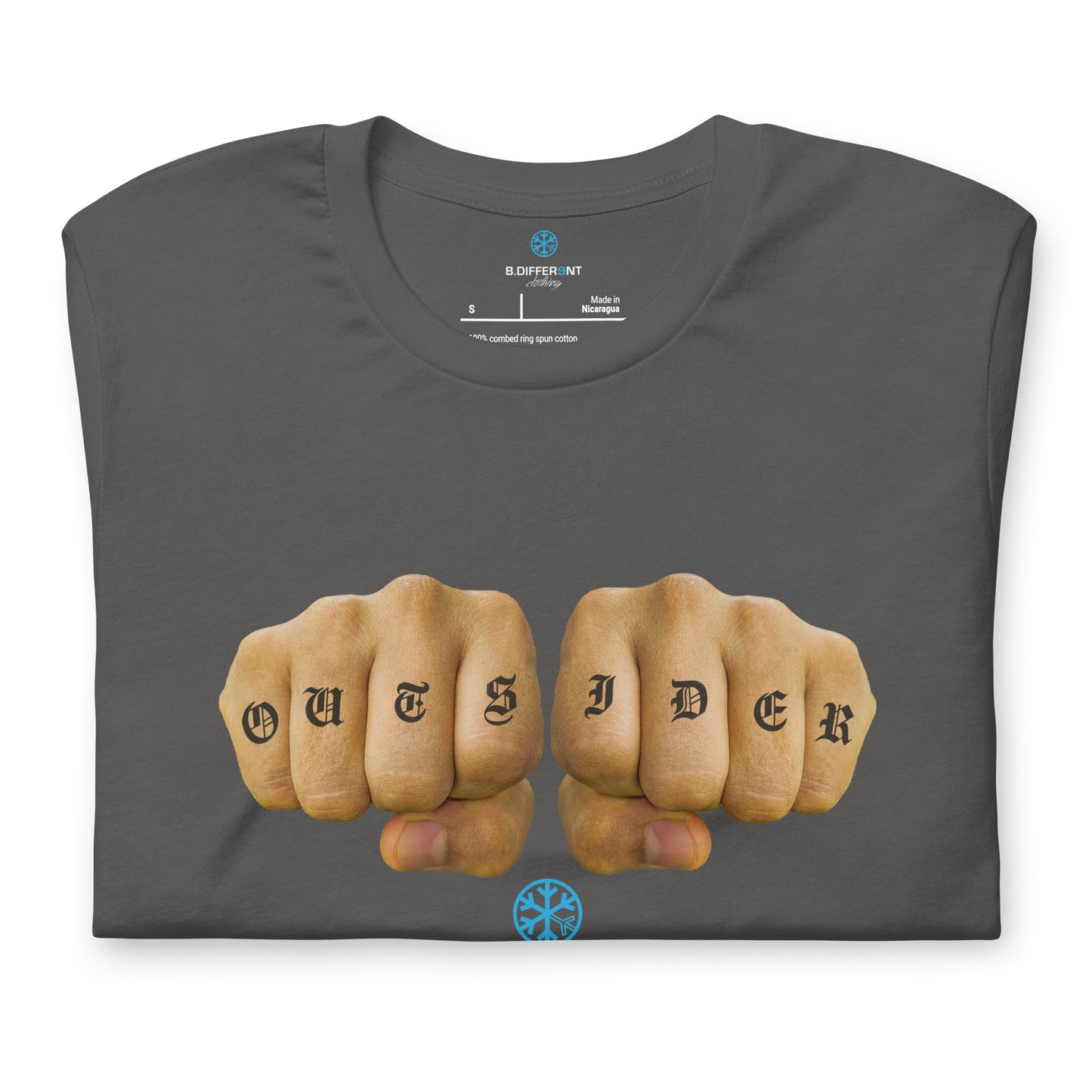 Gray-Outsider Tattoo Tee from B.Different Clothing, folded, graffiti-inspired streetwear t-shirt