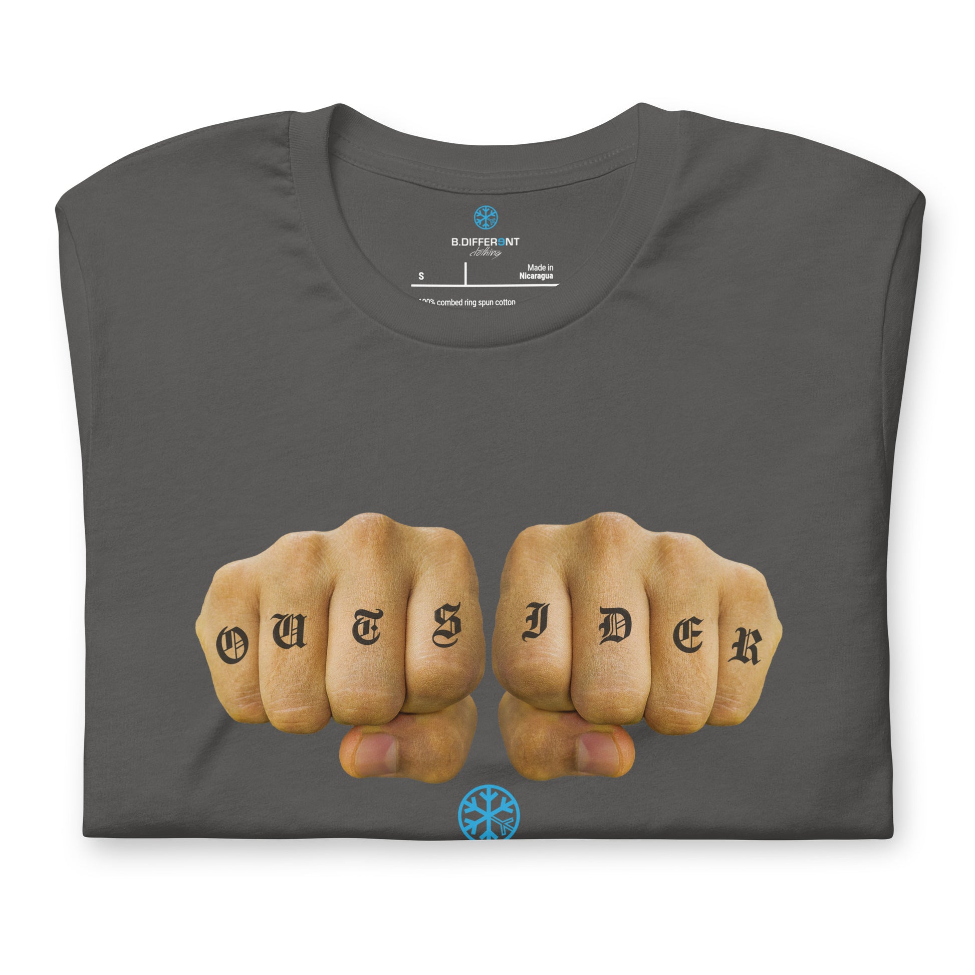 Gray-Outsider Tattoo Tee from B.Different Clothing, folded, graffiti-inspired streetwear t-shirt