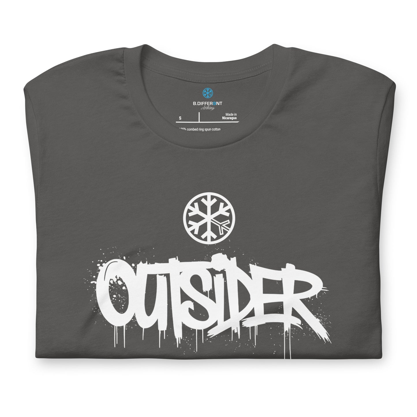 Gray-Outsider Graffiti Tag Tee from B.Different Clothing, folded, graffiti-inspired streetwear t-shirt