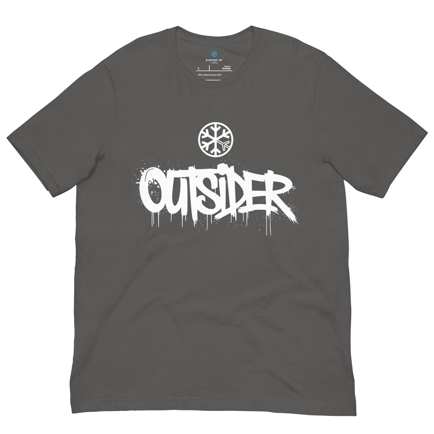 Gray-Outsider Graffiti Tag Tee from B.Different Clothing, front view, graffiti-inspired streetwear t-shirt