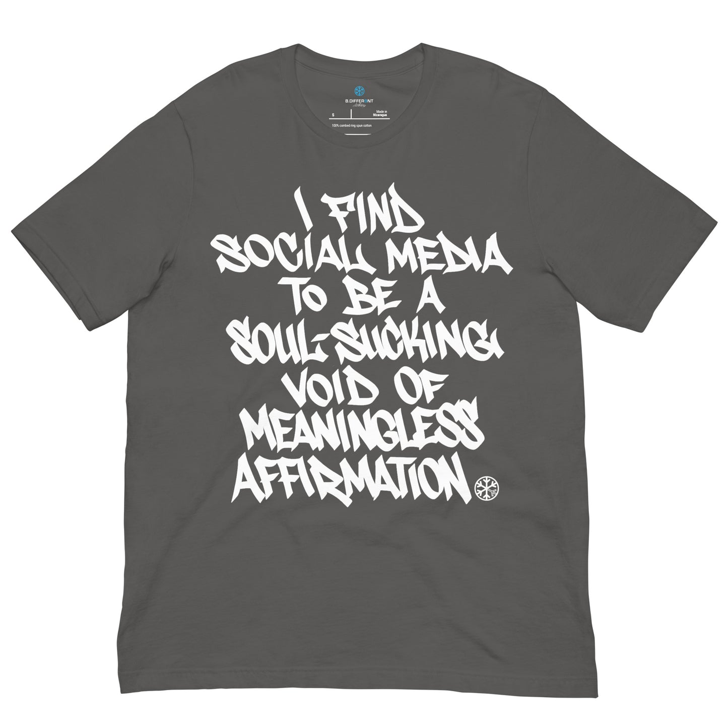 Gray-Social Media Graffiti Tag Tee from B.Different Clothing, front view, graffiti-inspired streetwear t-shirt