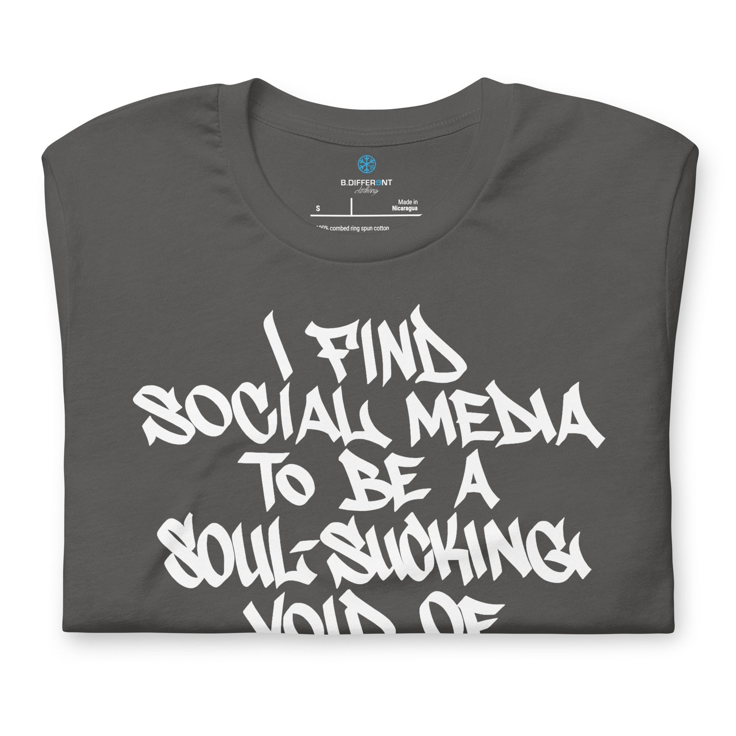 Gray-Social Media Graffiti Tag Tee from B.Different Clothing, folded, graffiti-inspired streetwear t-shirt