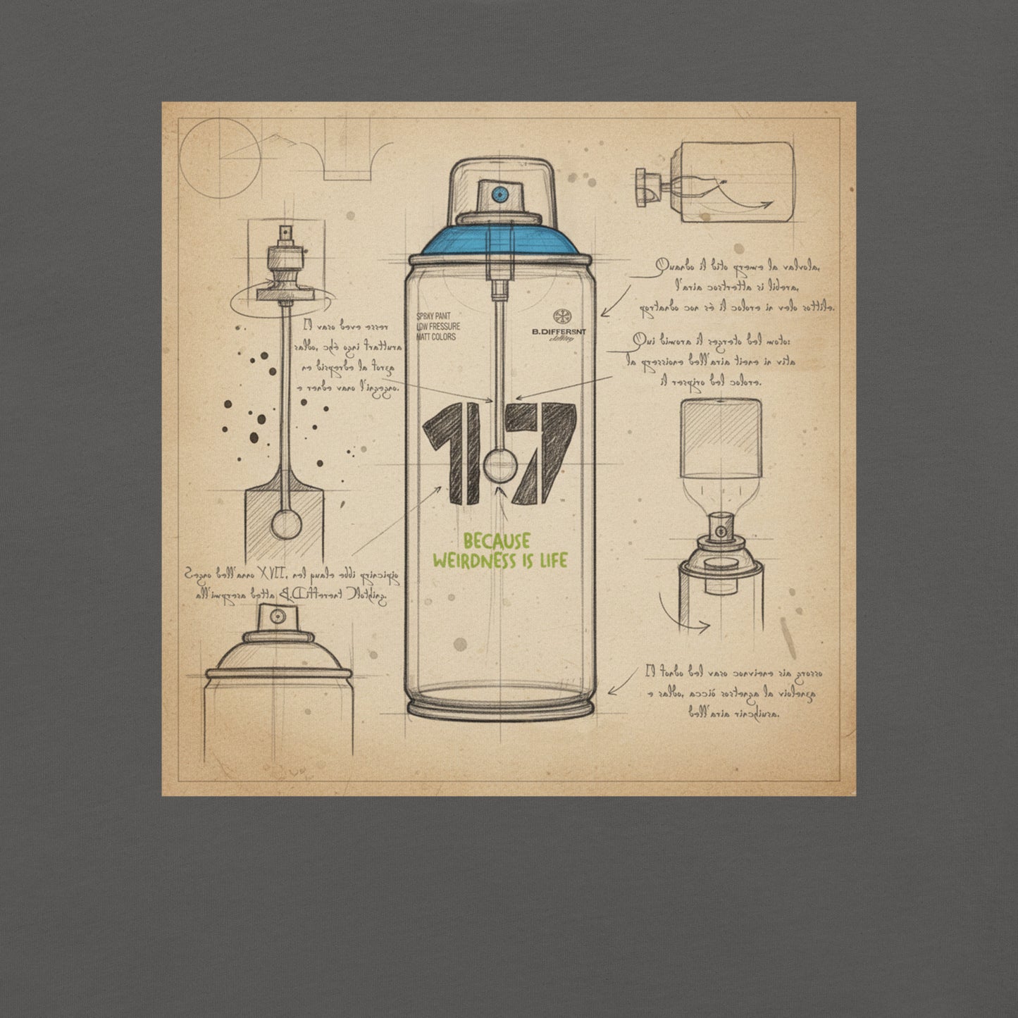 Gray-Spray Can Sketch Graffiti Tee from B.Different Clothing, graphic, graffiti-inspired streetwear t-shirt