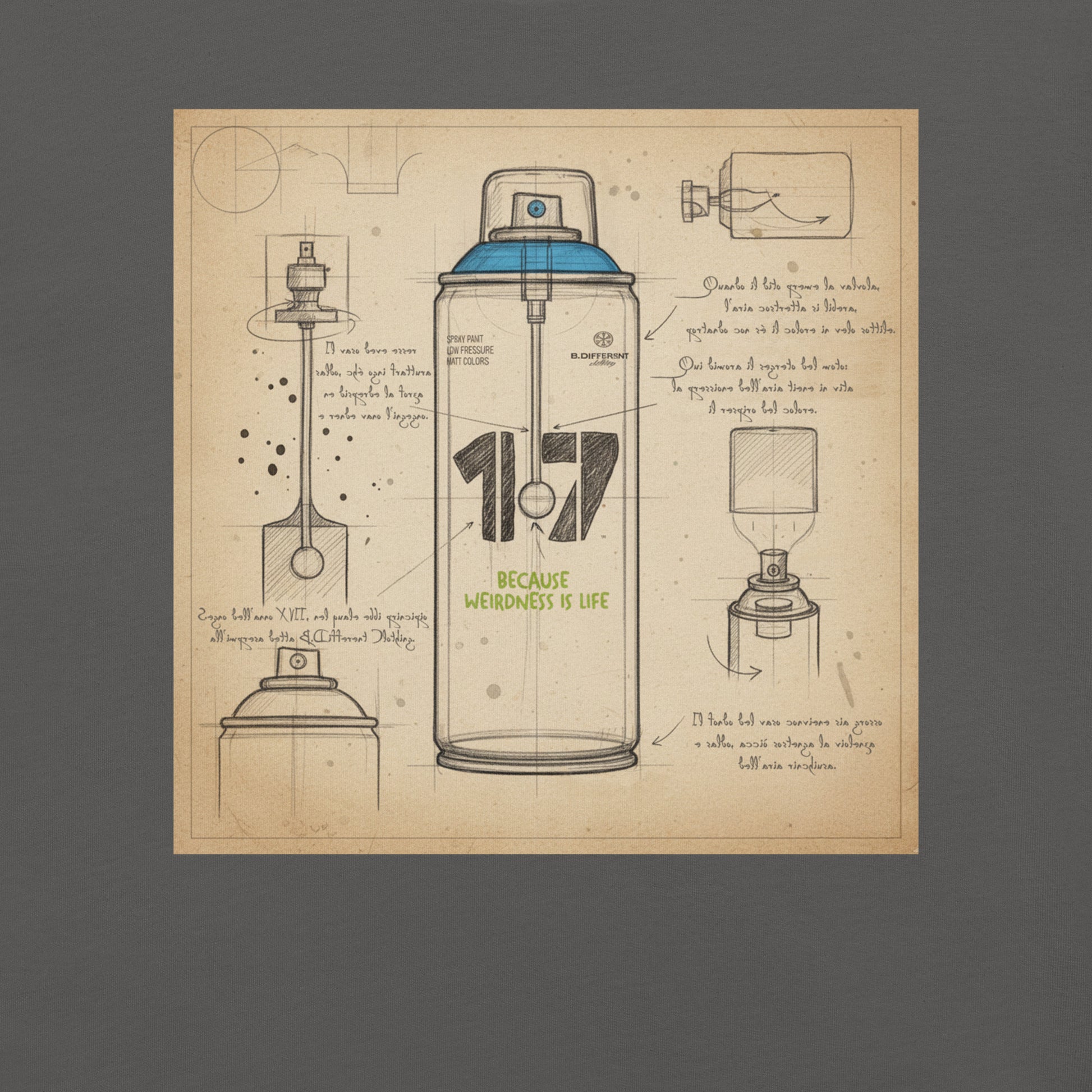 Gray-Spray Can Sketch Graffiti Tee from B.Different Clothing, graphic, graffiti-inspired streetwear t-shirt