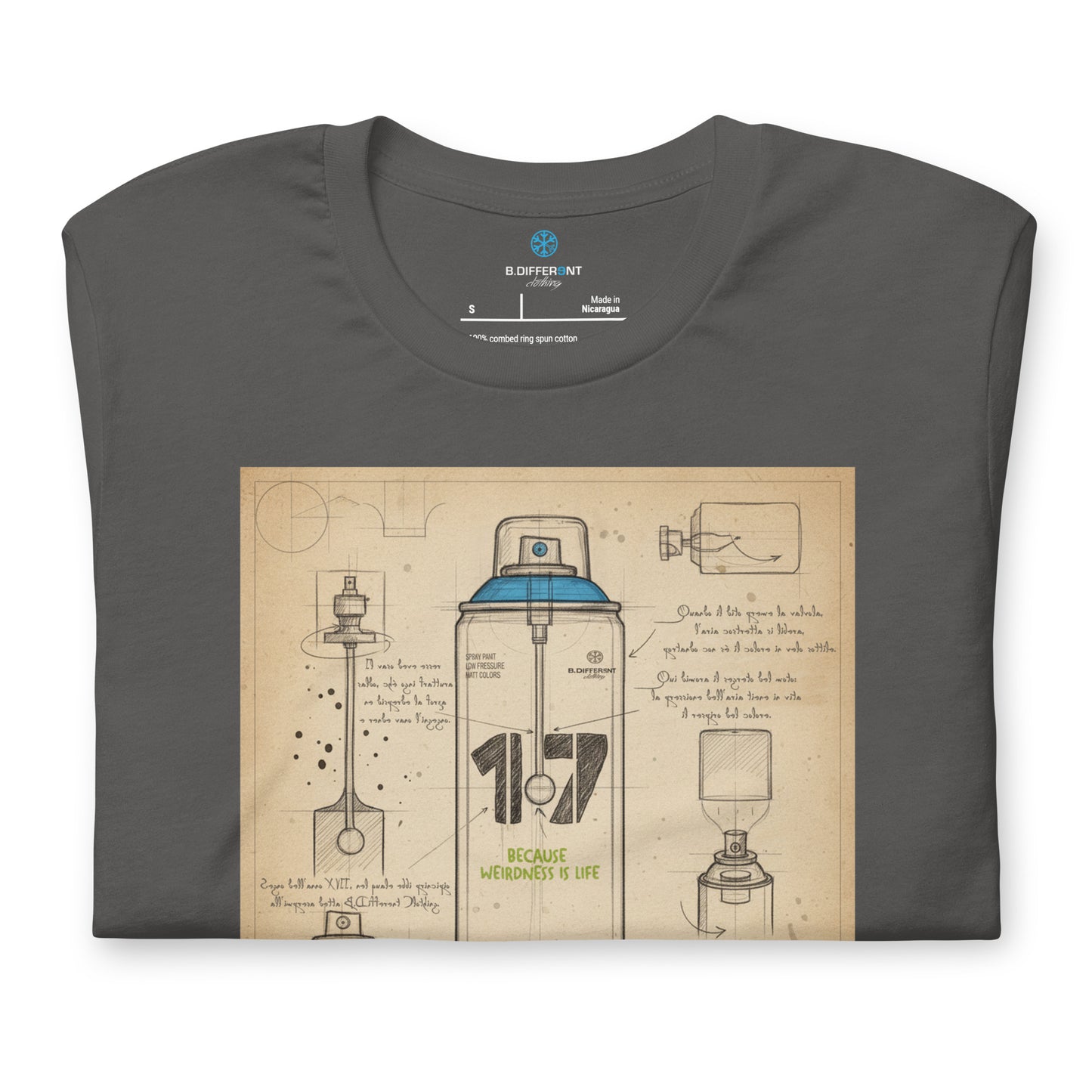 Gray-Spray Can Sketch Graffiti Tee from B.Different Clothing, folded, graffiti-inspired streetwear t-shirt