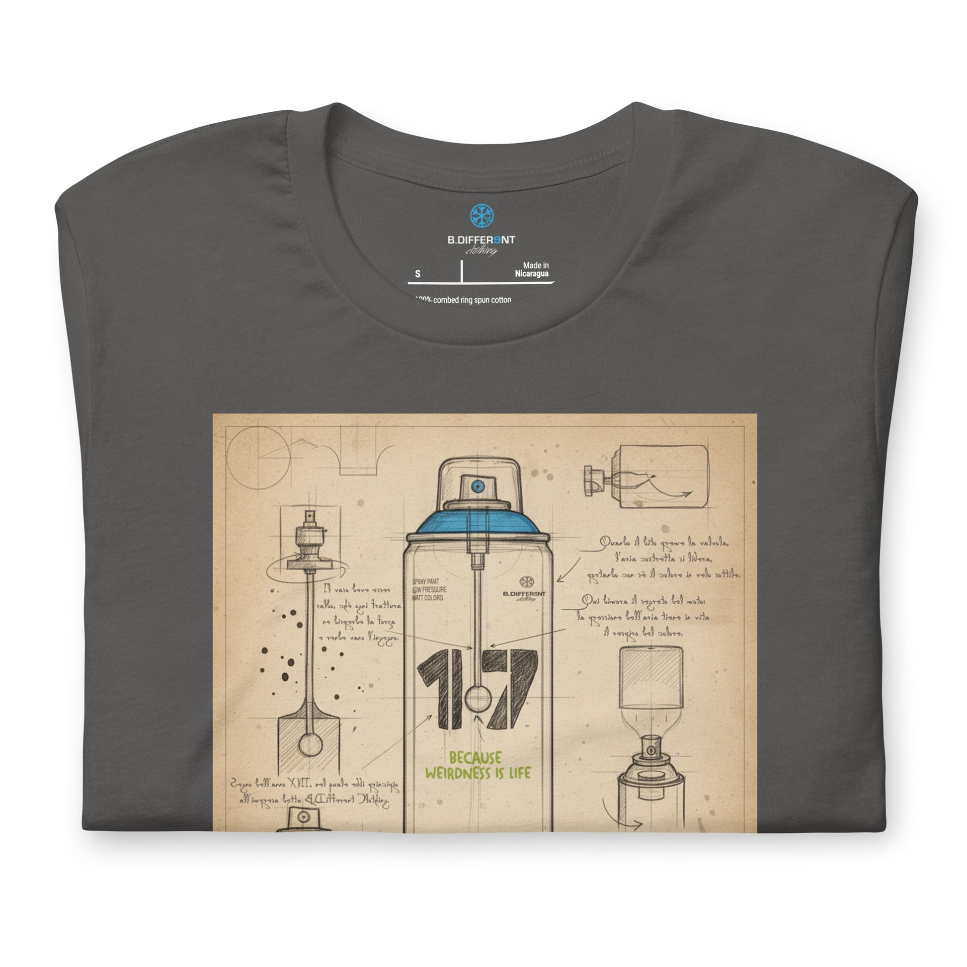 Gray-Spray Can Sketch Graffiti Tee from B.Different Clothing, folded, graffiti-inspired streetwear t-shirt