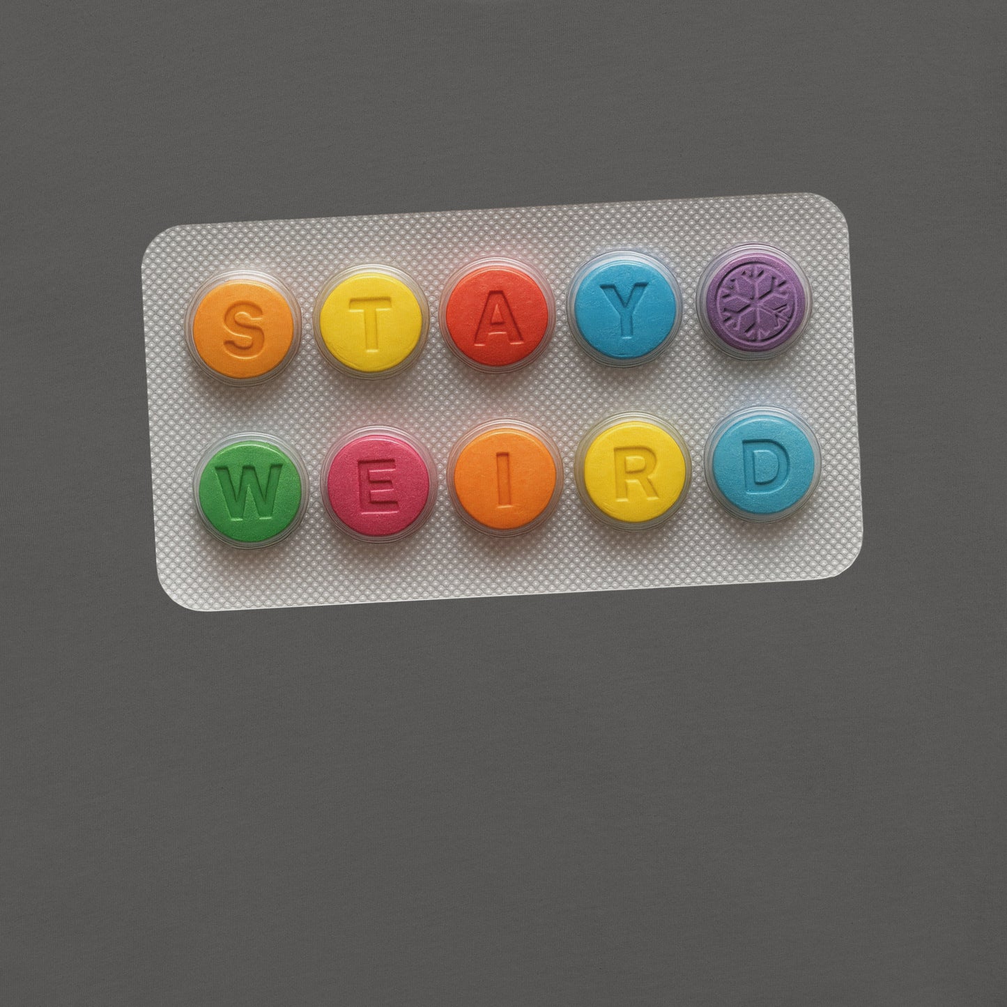Gray-Stay Weird Pills Tee from B.Different Clothing, graphic, graffiti-inspired streetwear t-shirt
