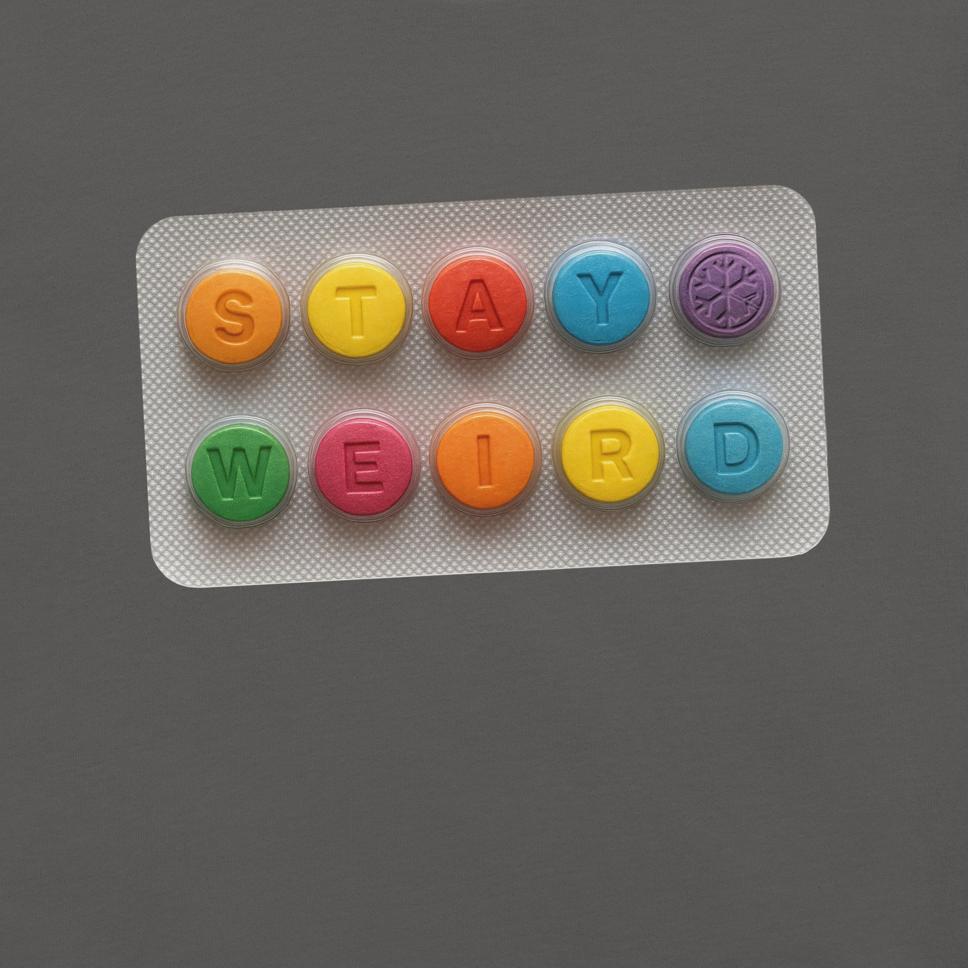 Gray-Stay Weird Pills Tee from B.Different Clothing, graphic, graffiti-inspired streetwear t-shirt