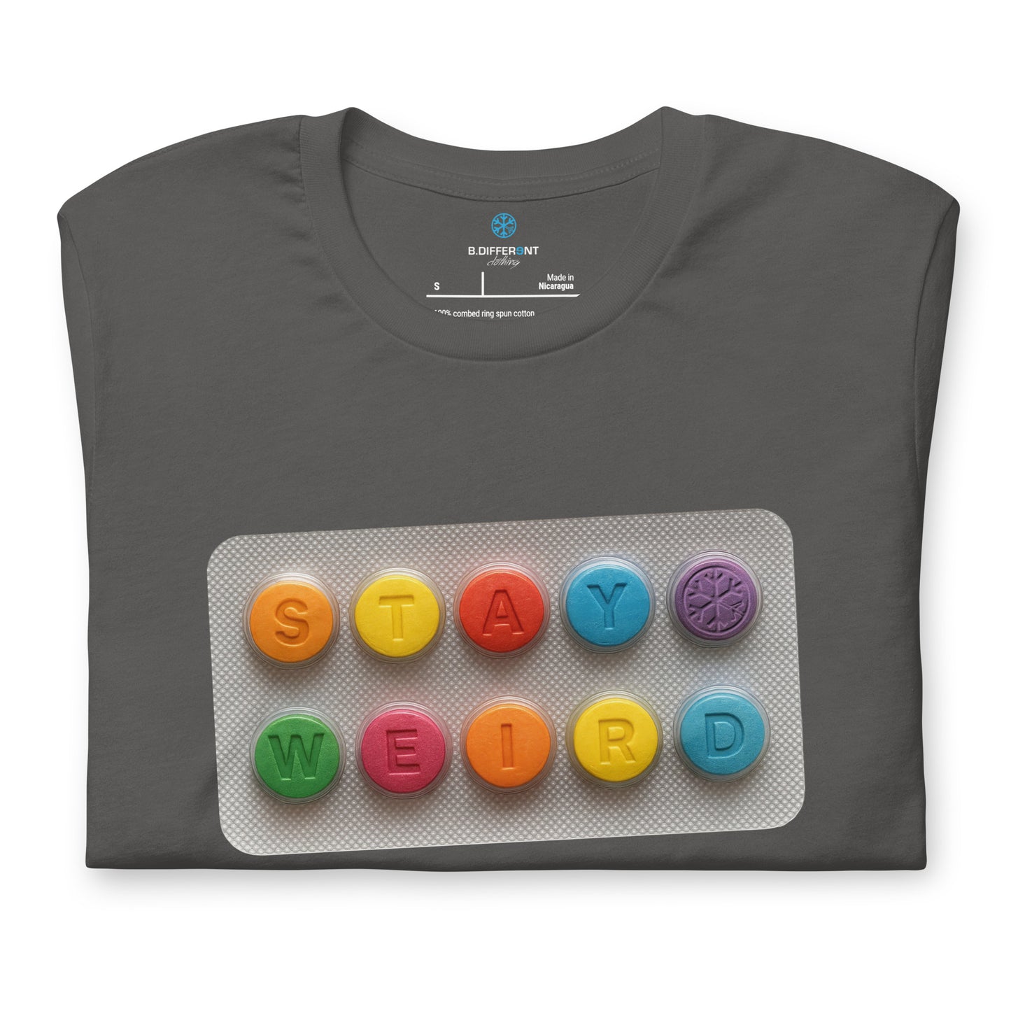 Gray-Stay Weird Pills Tee from B.Different Clothing, folded, graffiti-inspired streetwear t-shirt